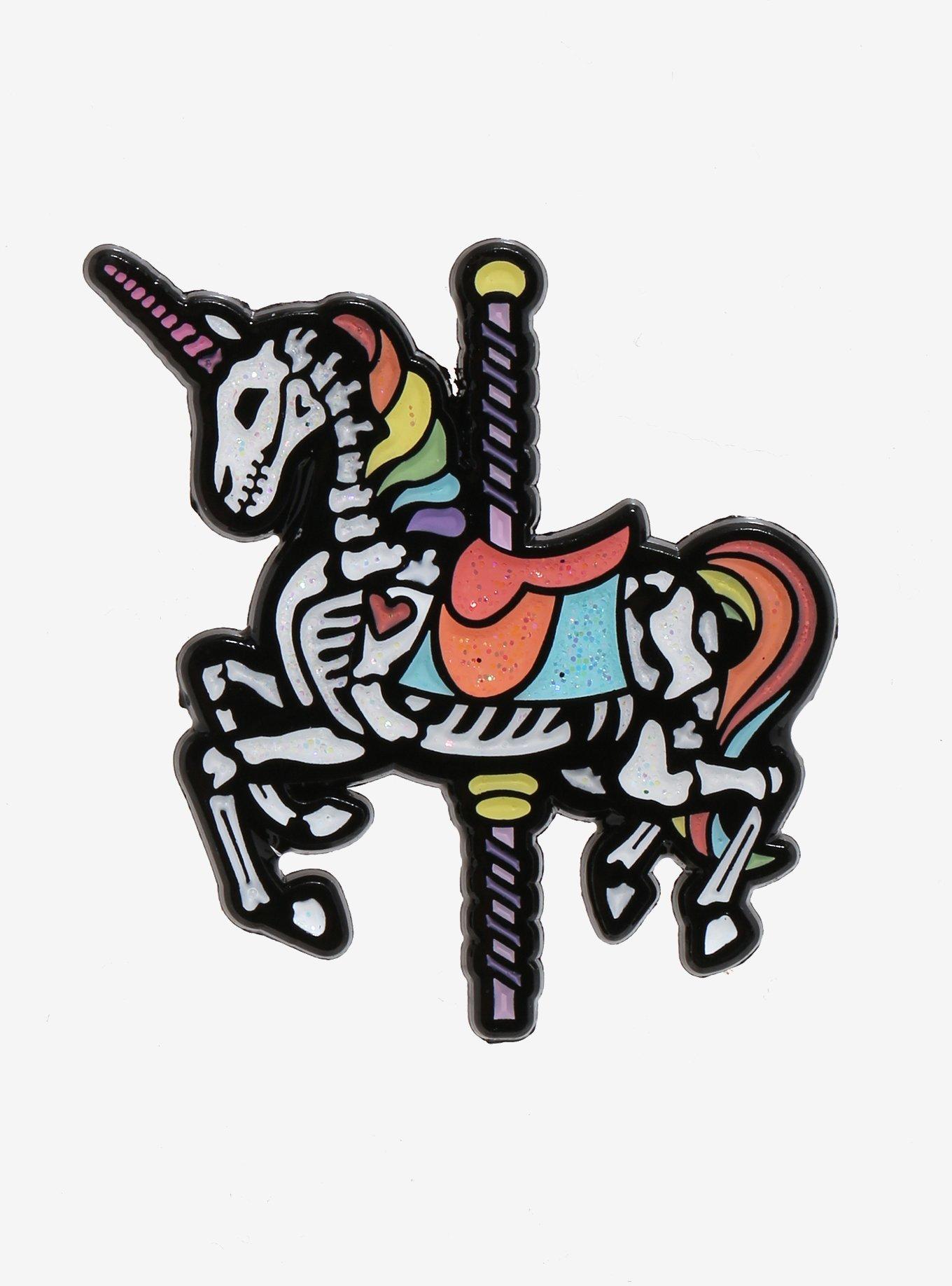 Skeleton Unicorn Carousel Enamel Pin, , hi-res
