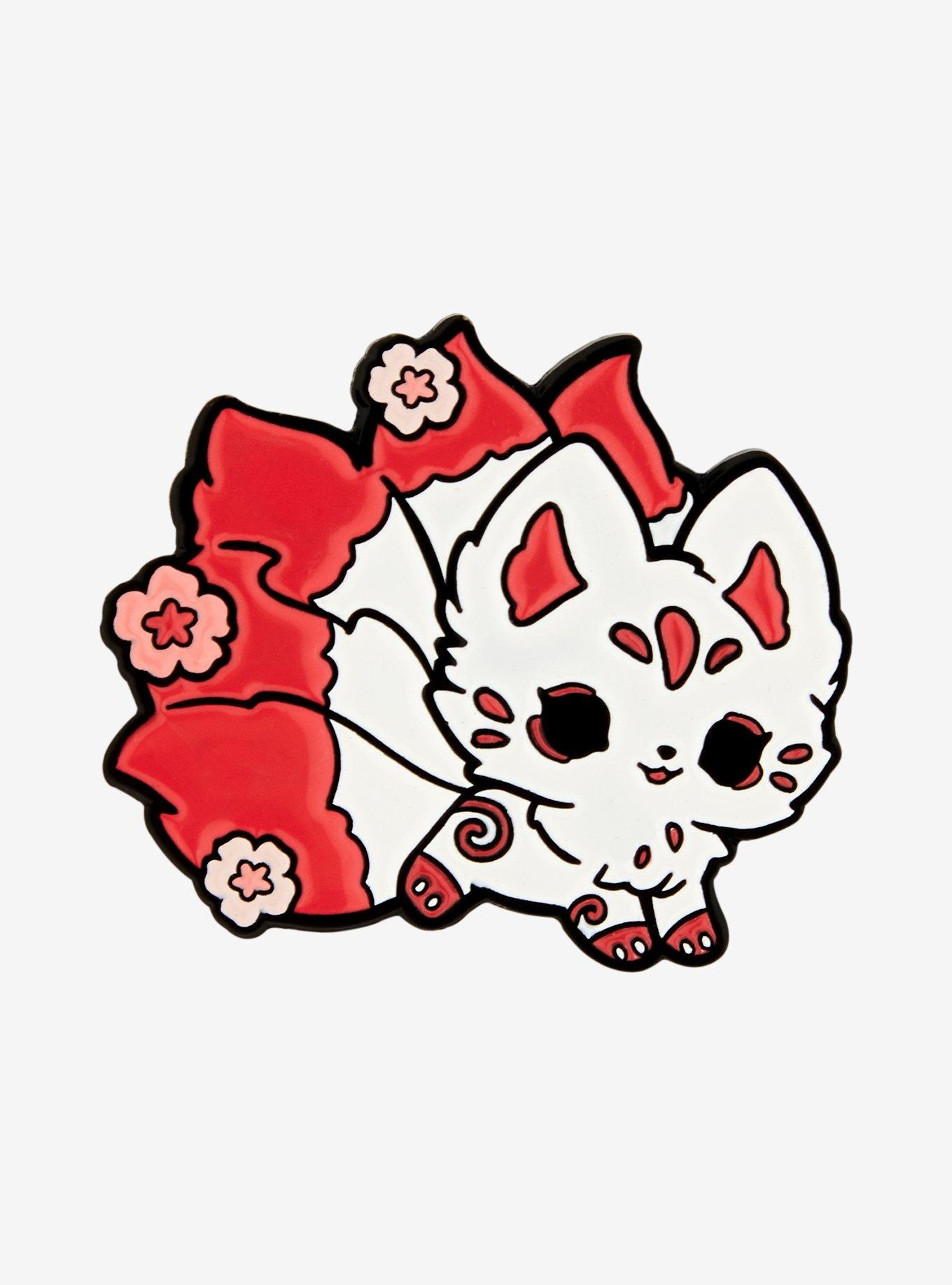 Red & White Kitsune Enamel Pin By Gummybunnii, , hi-res