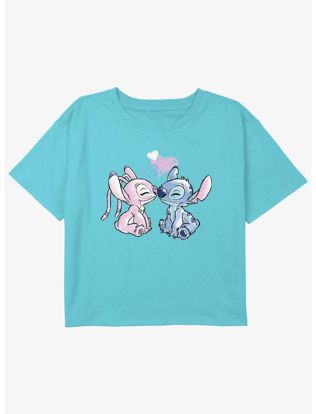 Disney Lilo & Stitch Angel & Stitch Love Girls Youth Crop T-Shirt, BLUE, hi-res