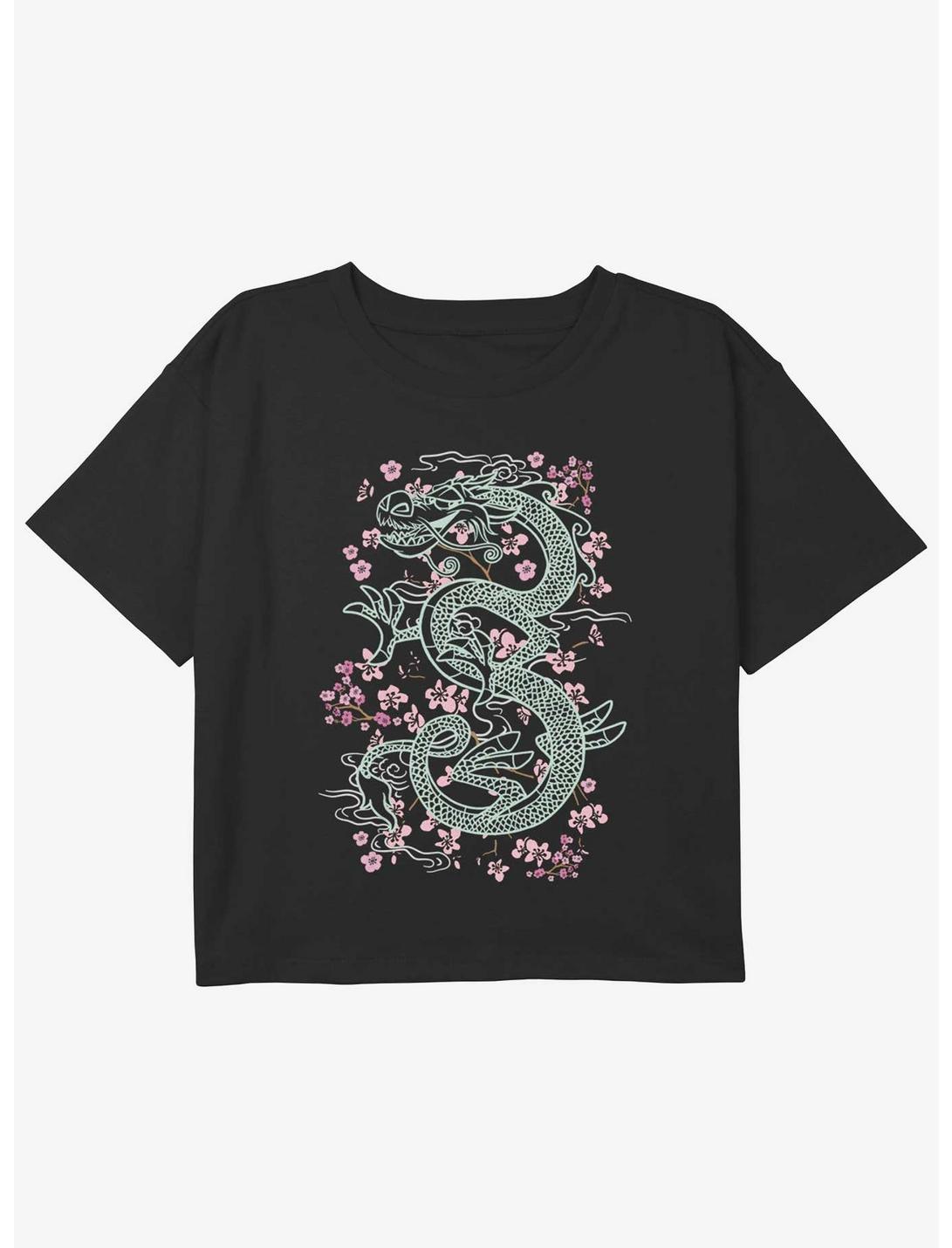 Disney Mulan Floral Mushu Dragon Girls Youth Crop T-Shirt, BLACK, hi-res