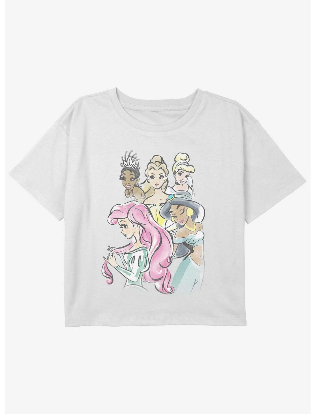 Disney The Princess and the Frog Watercolor Princesses Girls Youth Crop T-Shirt, WHITE, hi-res