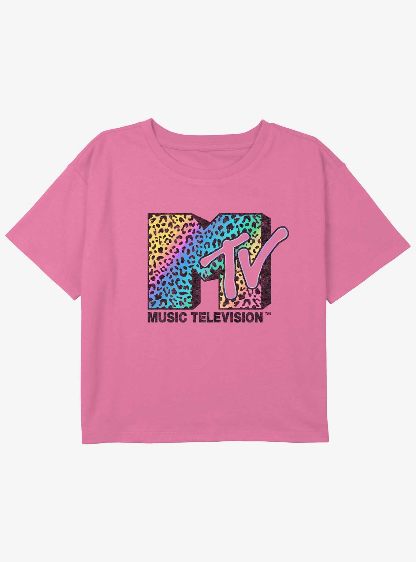 MTV Neon Leopard Rainbow Logo Girls Youth Crop T-Shirt, , hi-res