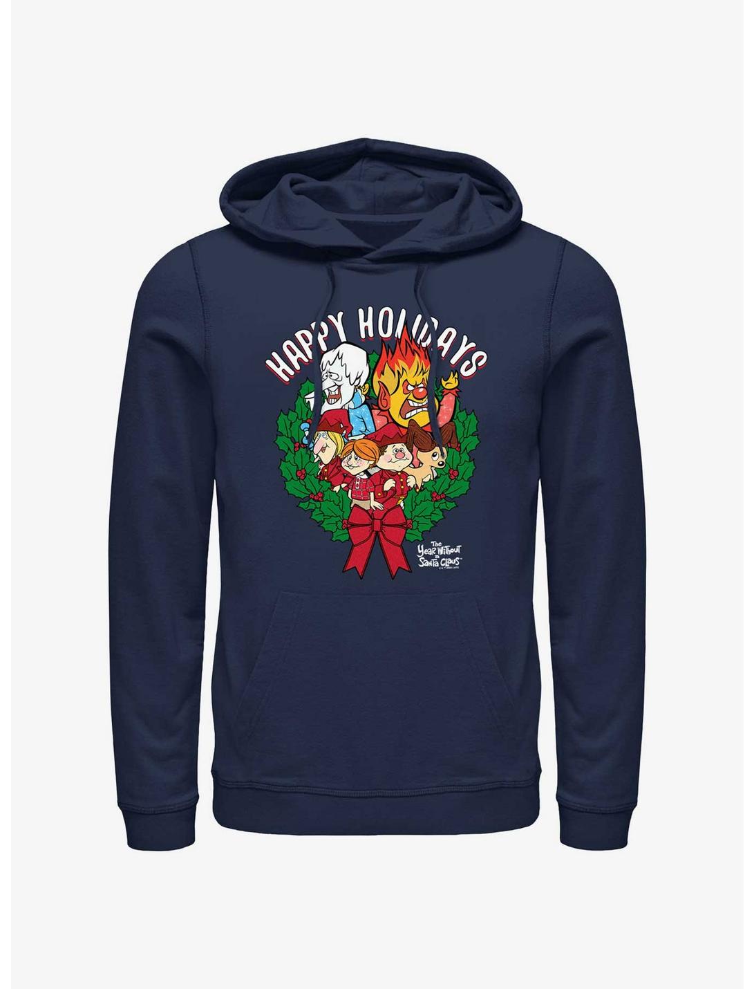 The Year Without a Santa Claus Happy Holidays Wreath Hoodie, NAVY, hi-res