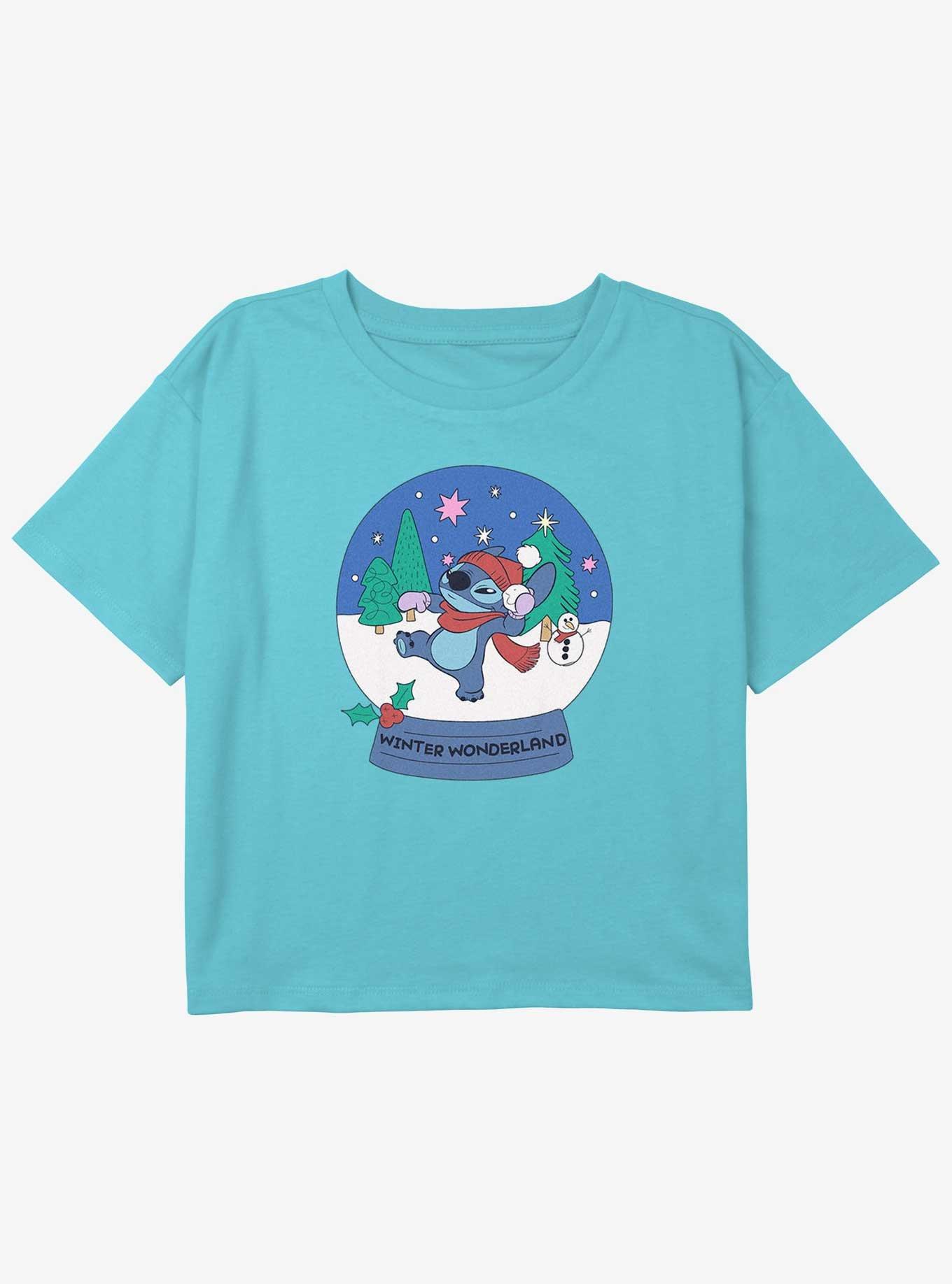 Disney Lilo & Stitch Winter Wonderland Snowglobe Youth Girls Crop T-Shirt, BLUE, hi-res