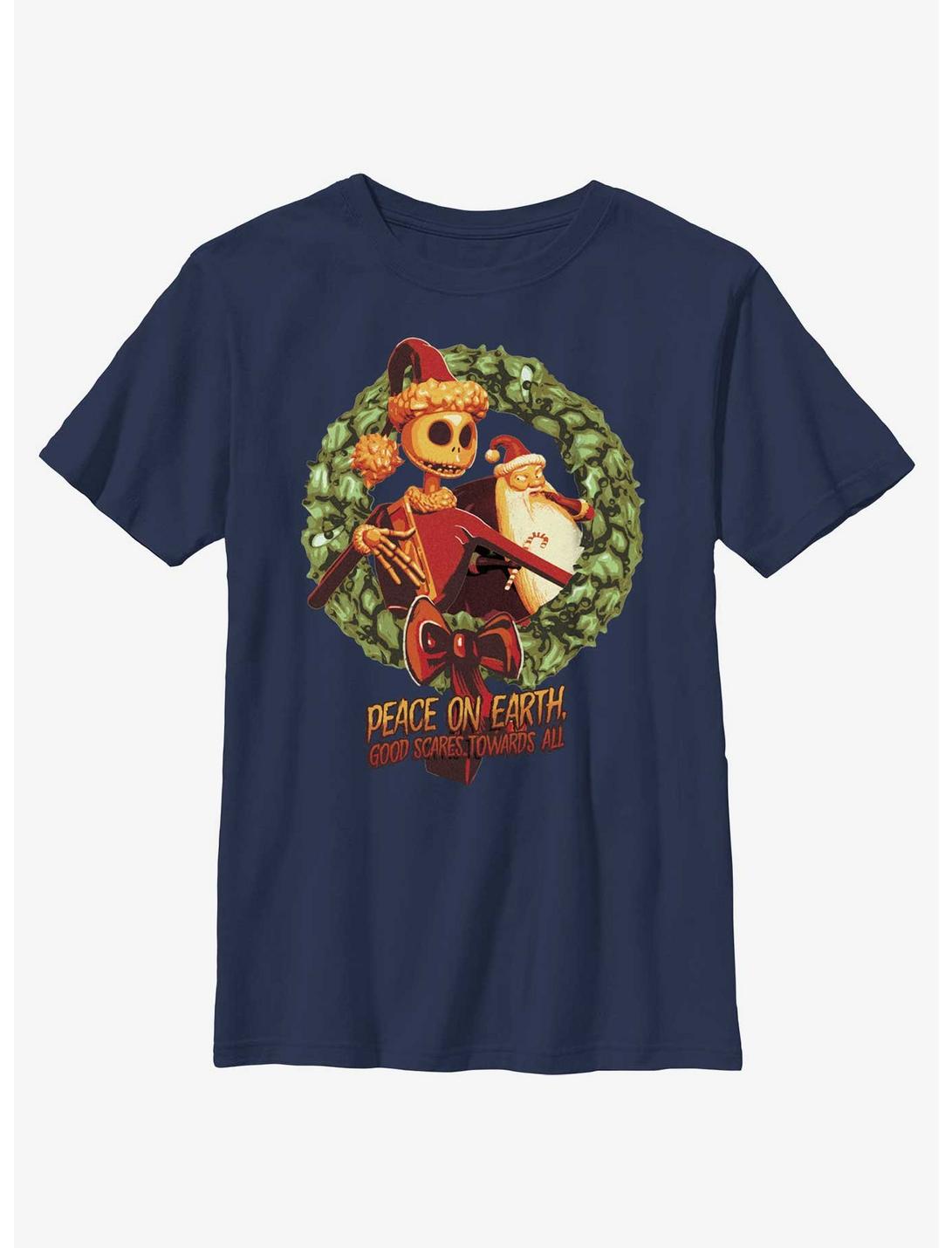 Disney Nightmare Before Christmas Peace On Earth Wreath Youth T-Shirt, NAVY, hi-res