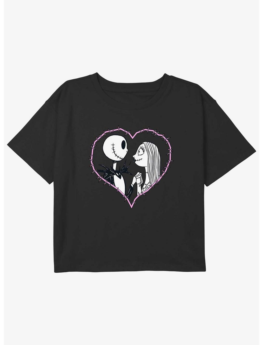 Disney The Nightmare Before Christmas Jack and Sally Heart Stitch Girls Youth Crop T-Shirt, BLACK, hi-res