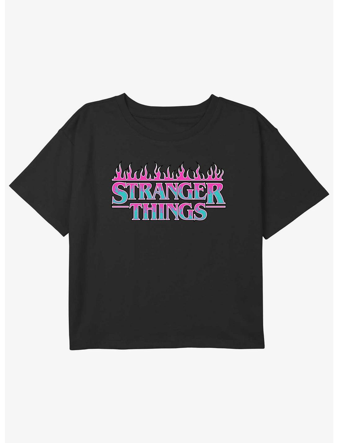 Stranger Things Neon Flame Logo Girls Youth Crop T-Shirt, BLACK, hi-res