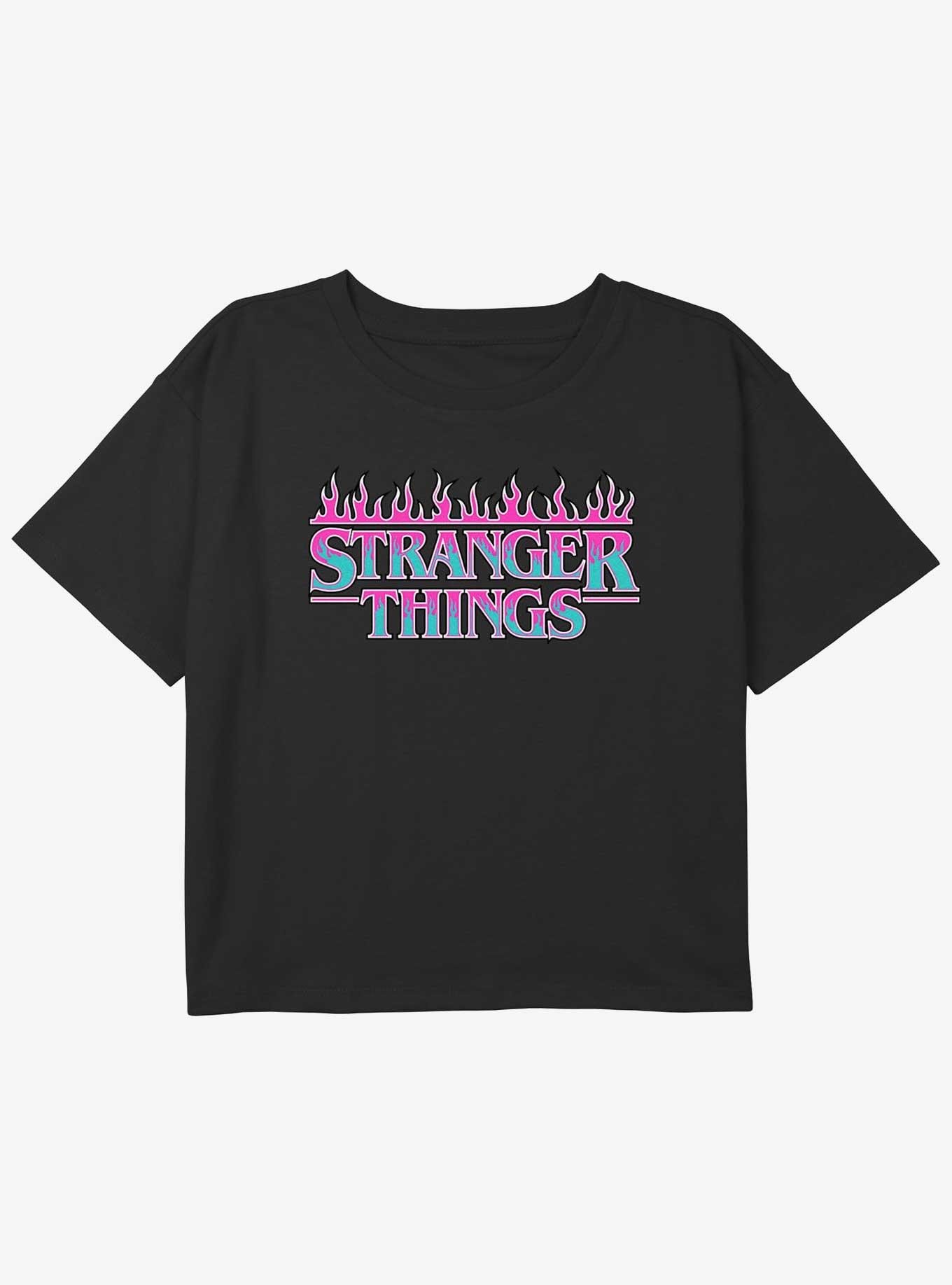 Stranger Things Neon Flame Logo Girls Youth Crop T-Shirt, BLACK, hi-res