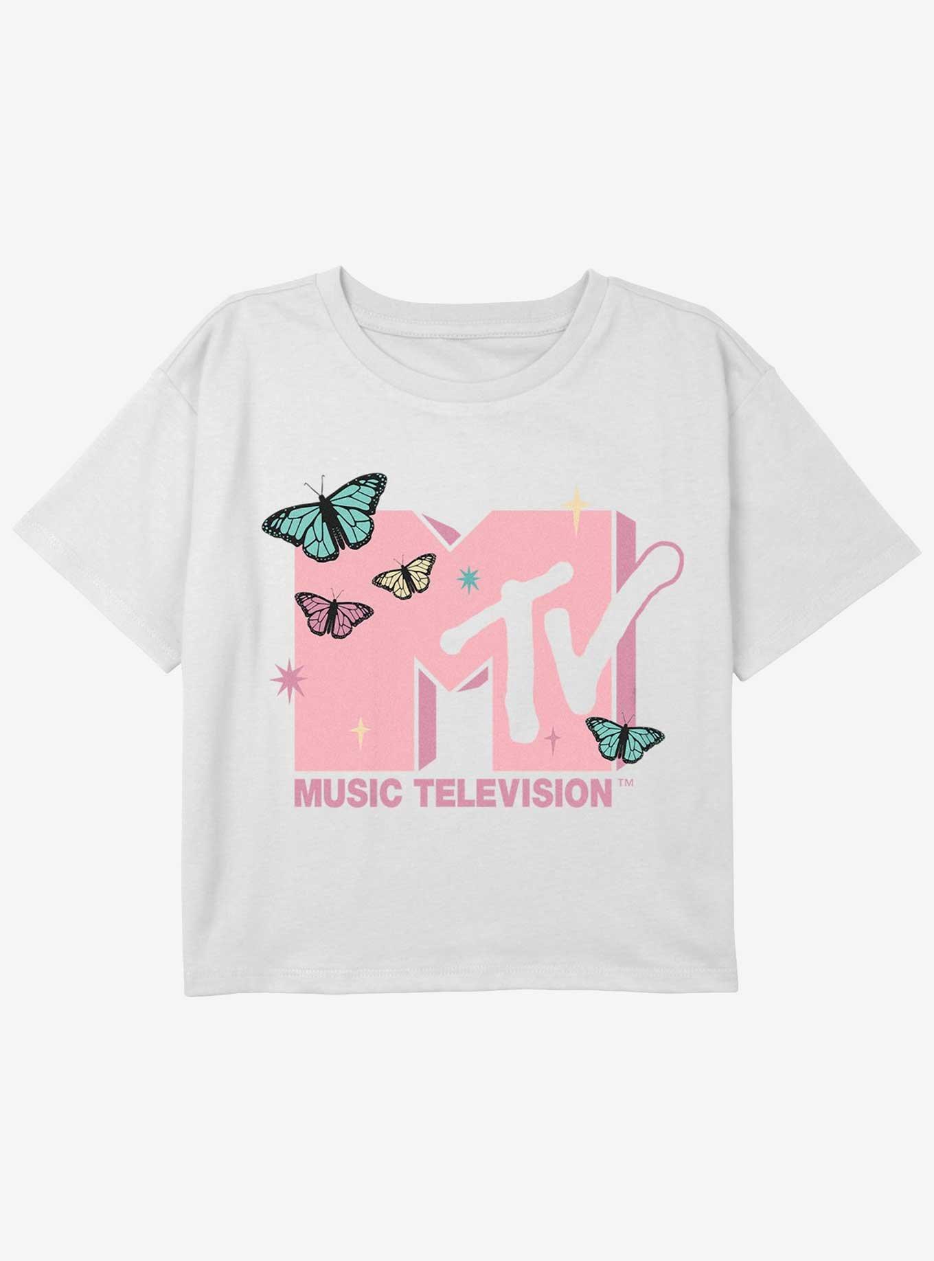 MTV  Butterflies Logo Girls Youth Crop T-Shirt, WHITE, hi-res