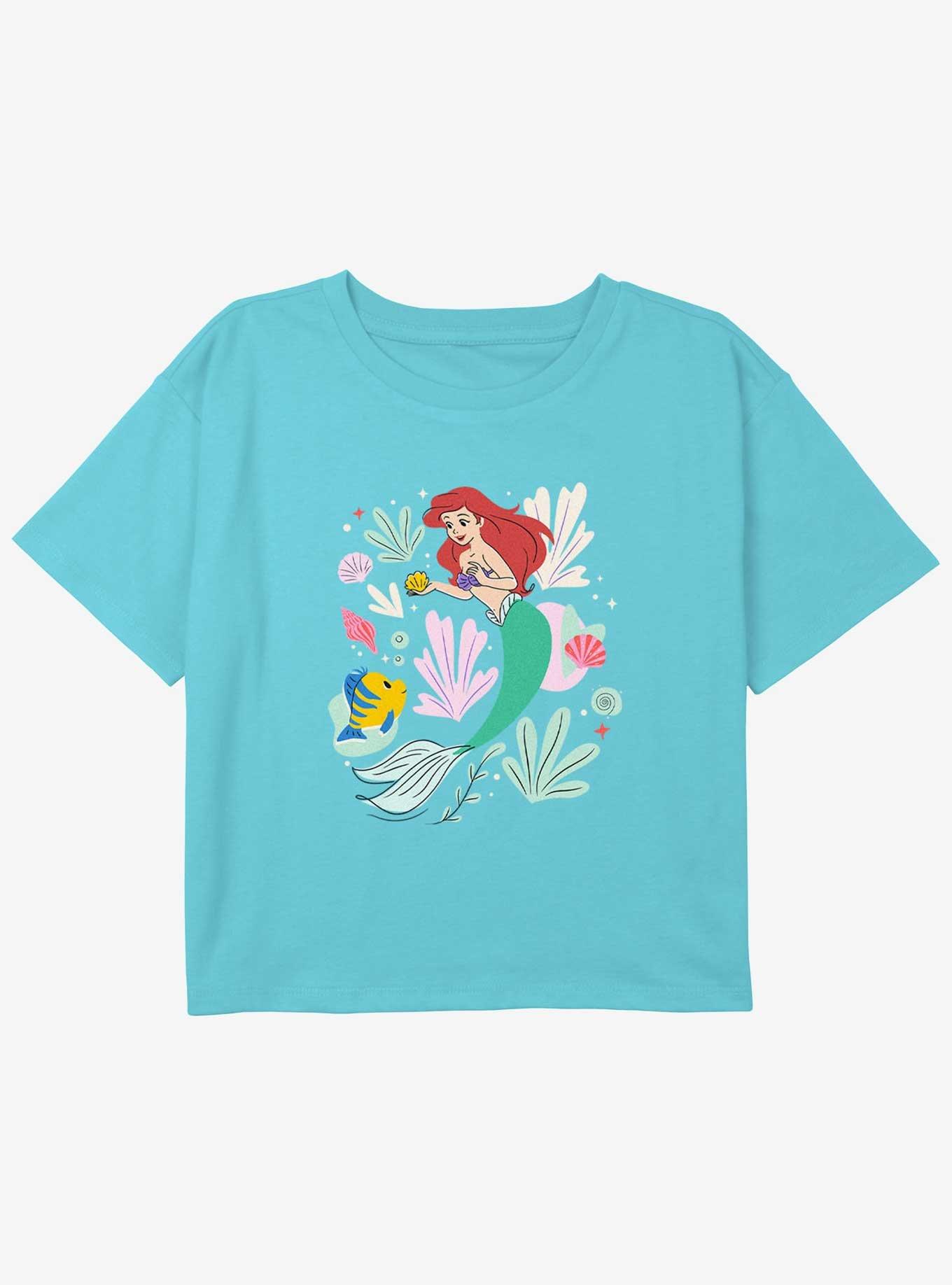 Disney The Little Mermaid Ariel And Flounder Shells Girls Youth Crop T-Shirt, BLUE, hi-res