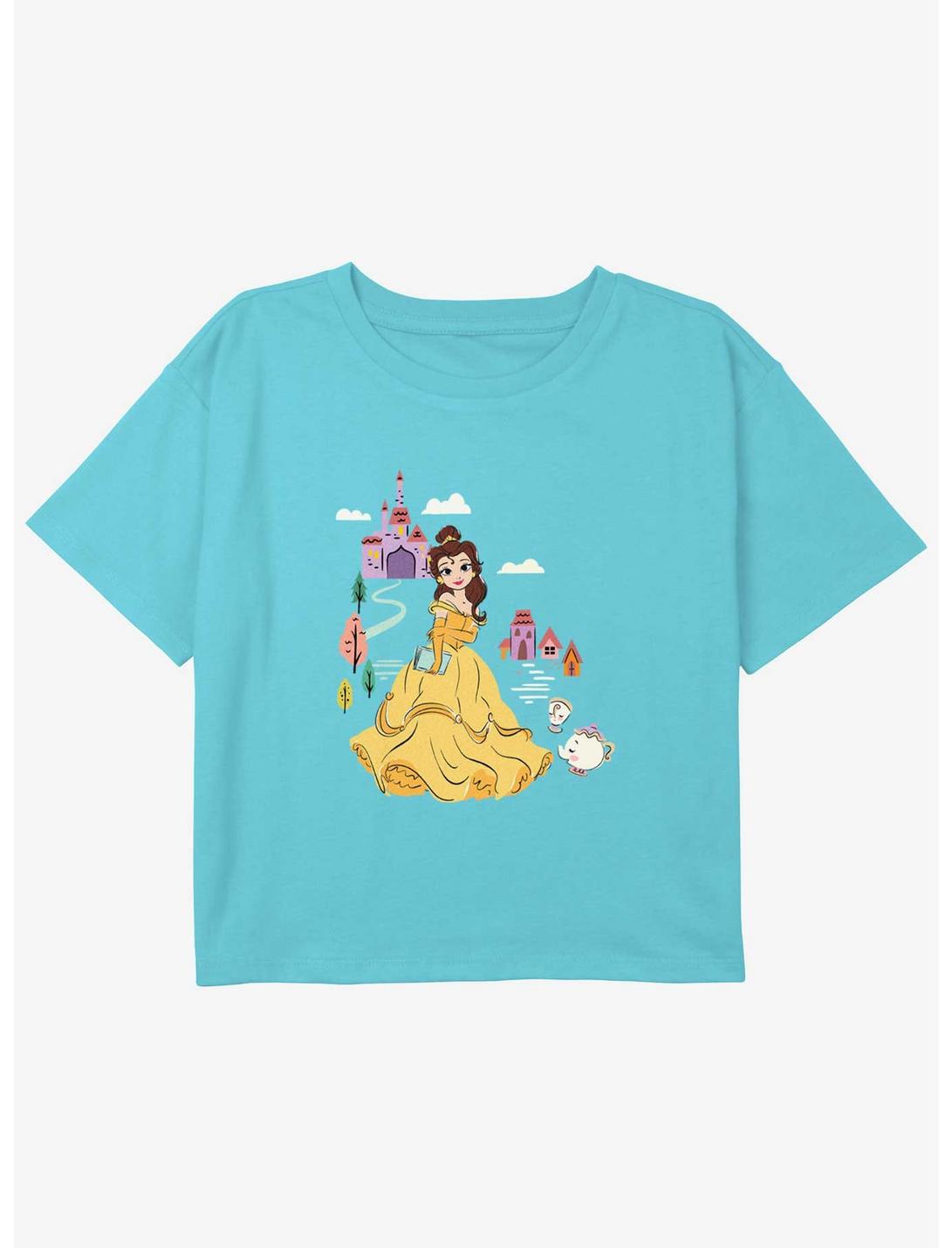Disney Beauty and the Beast Belle Castle Girls Youth Crop T-Shirt, BLUE, hi-res