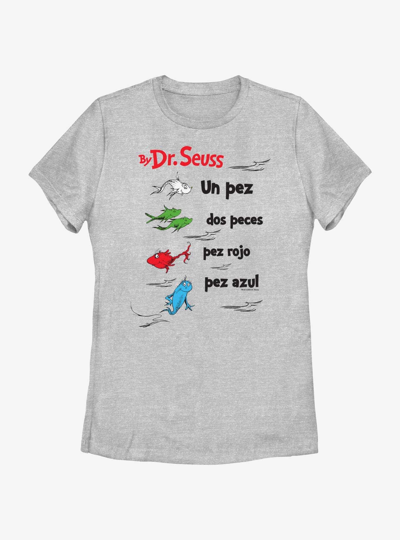 Dr. Seuss One Fish Two Fish Red Fish Blue Fish Badge In Spanish Womens T-Shirt, ATH HTR, hi-res