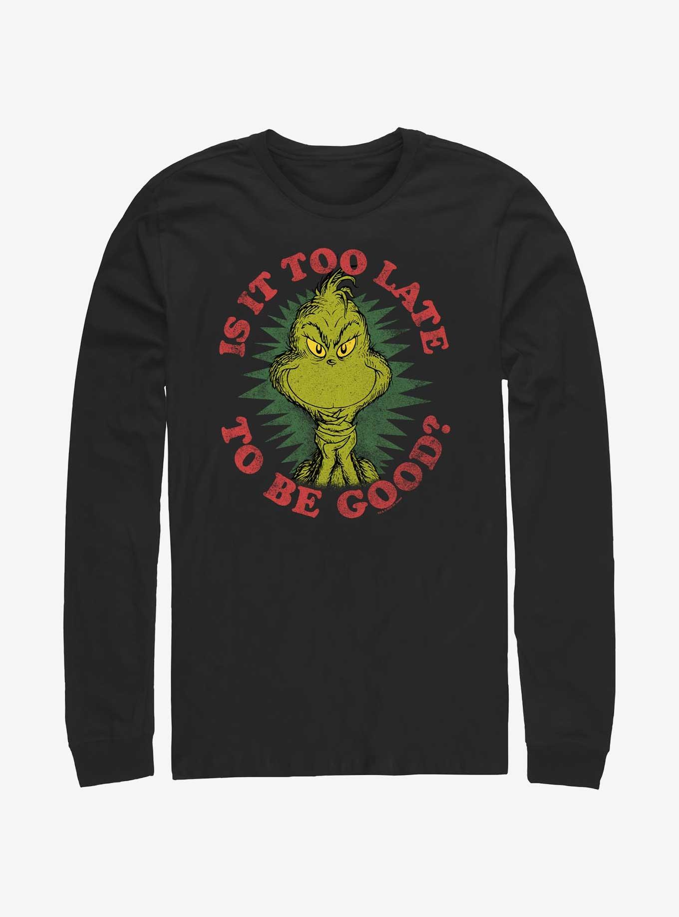 Dr. Seuss Grinch Is It Too Late To Be Good Long-Sleeve T-Shirt, BLACK, hi-res