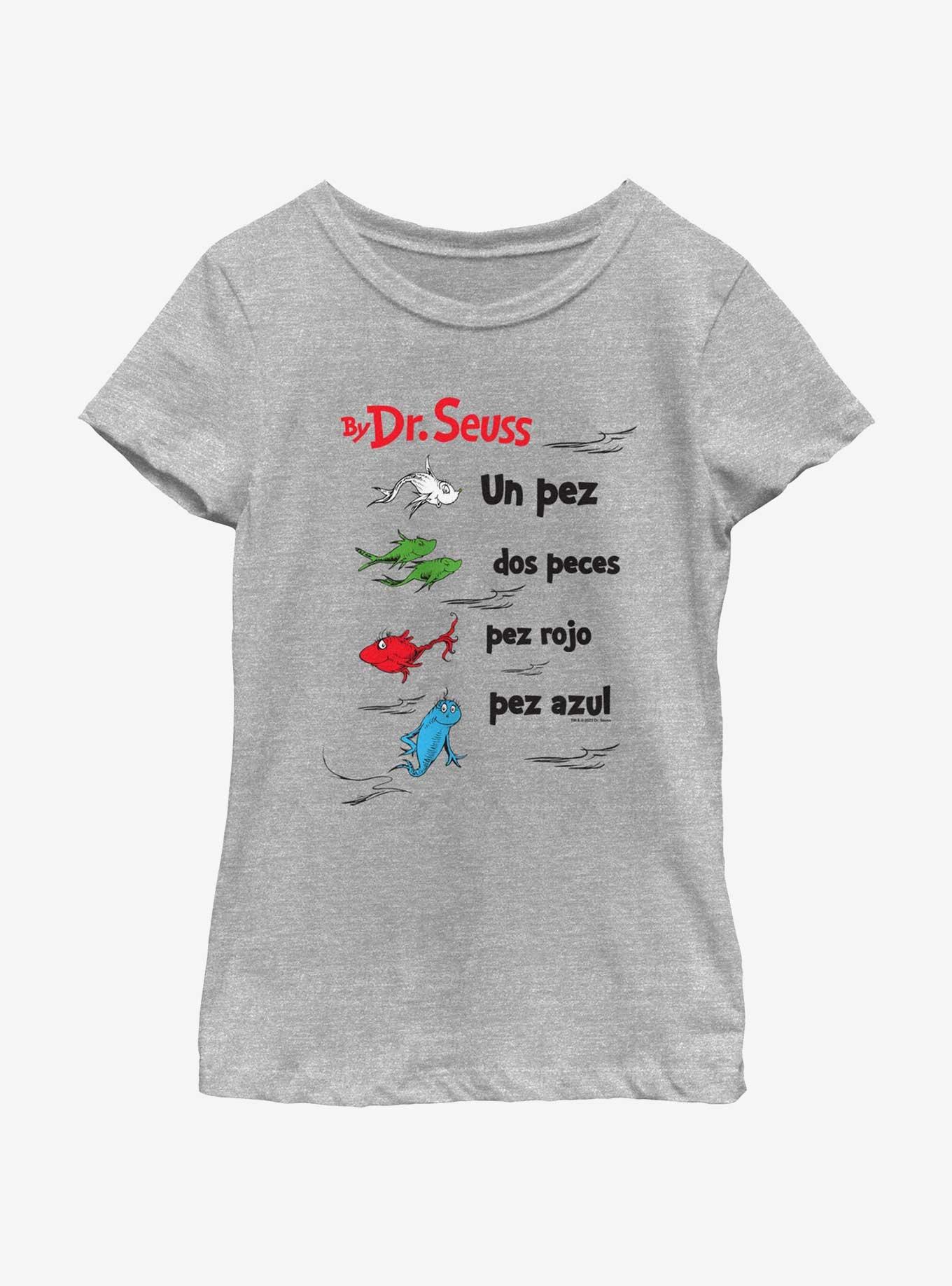 Dr. Seuss One Fish Two Fish Red Fish Blue Fish Badge In Spanish Youth Girls T-Shirt, , hi-res