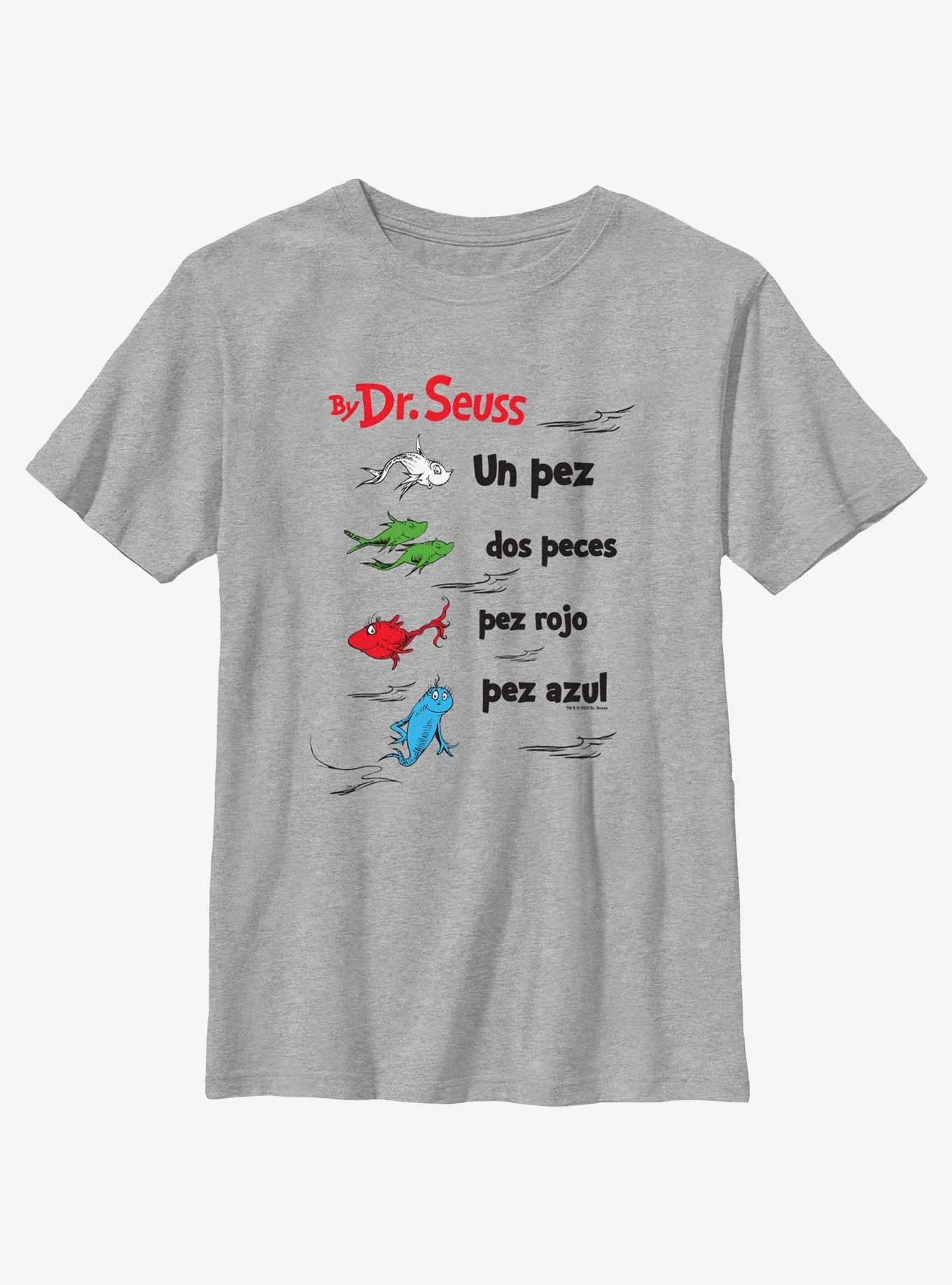 Dr. Seuss One Fish Two Fish Red Fish Blue Fish Badge In Spanish Youth T-Shirt, ATH HTR, hi-res