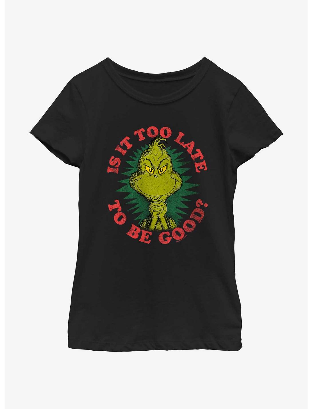 Dr. Seuss Grinch Is It Too Late To Be Good Youth Girls T-Shirt, BLACK, hi-res