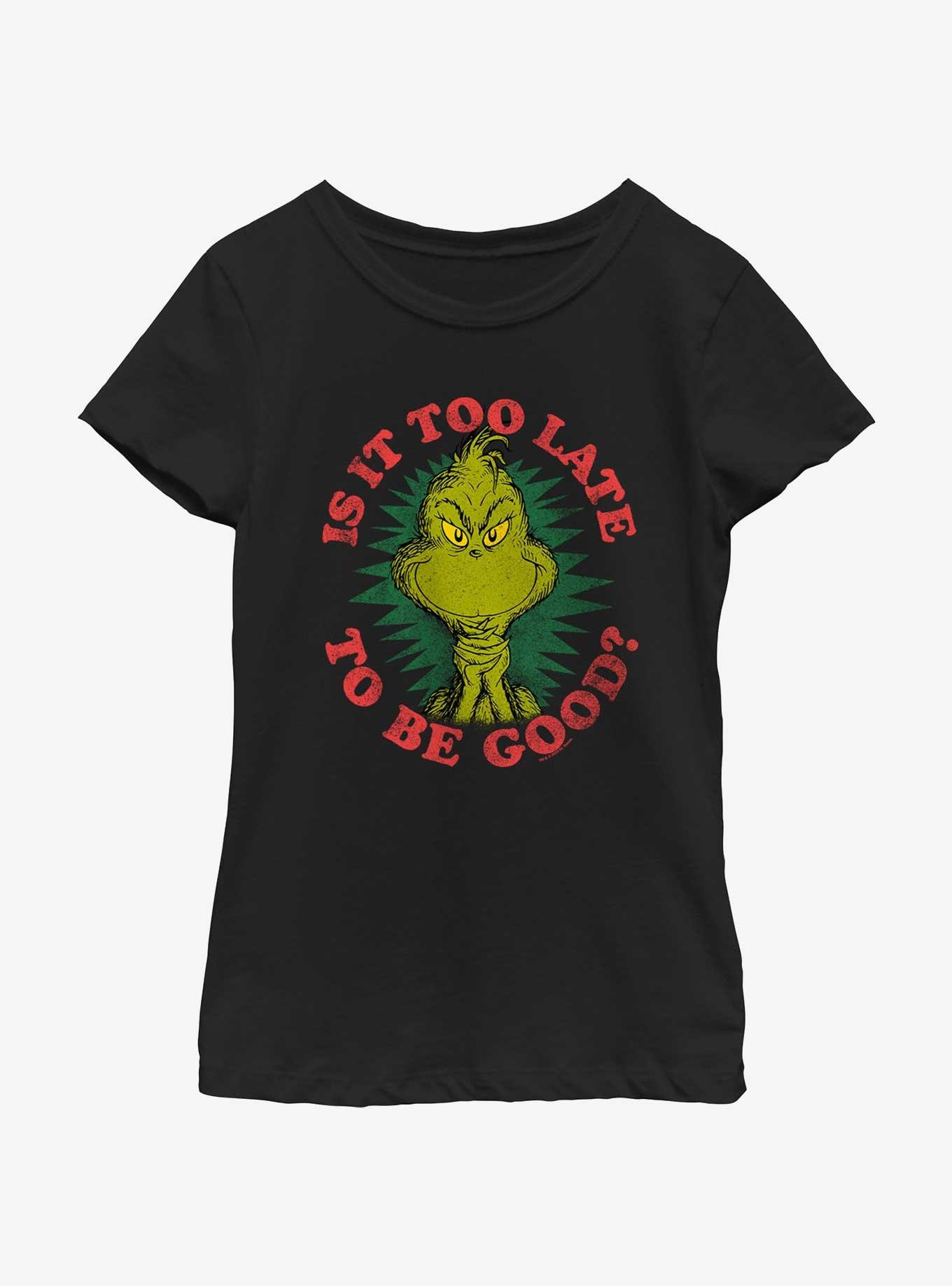 Dr. Seuss Grinch Is It Too Late To Be Good Youth Girls T-Shirt, BLACK, hi-res