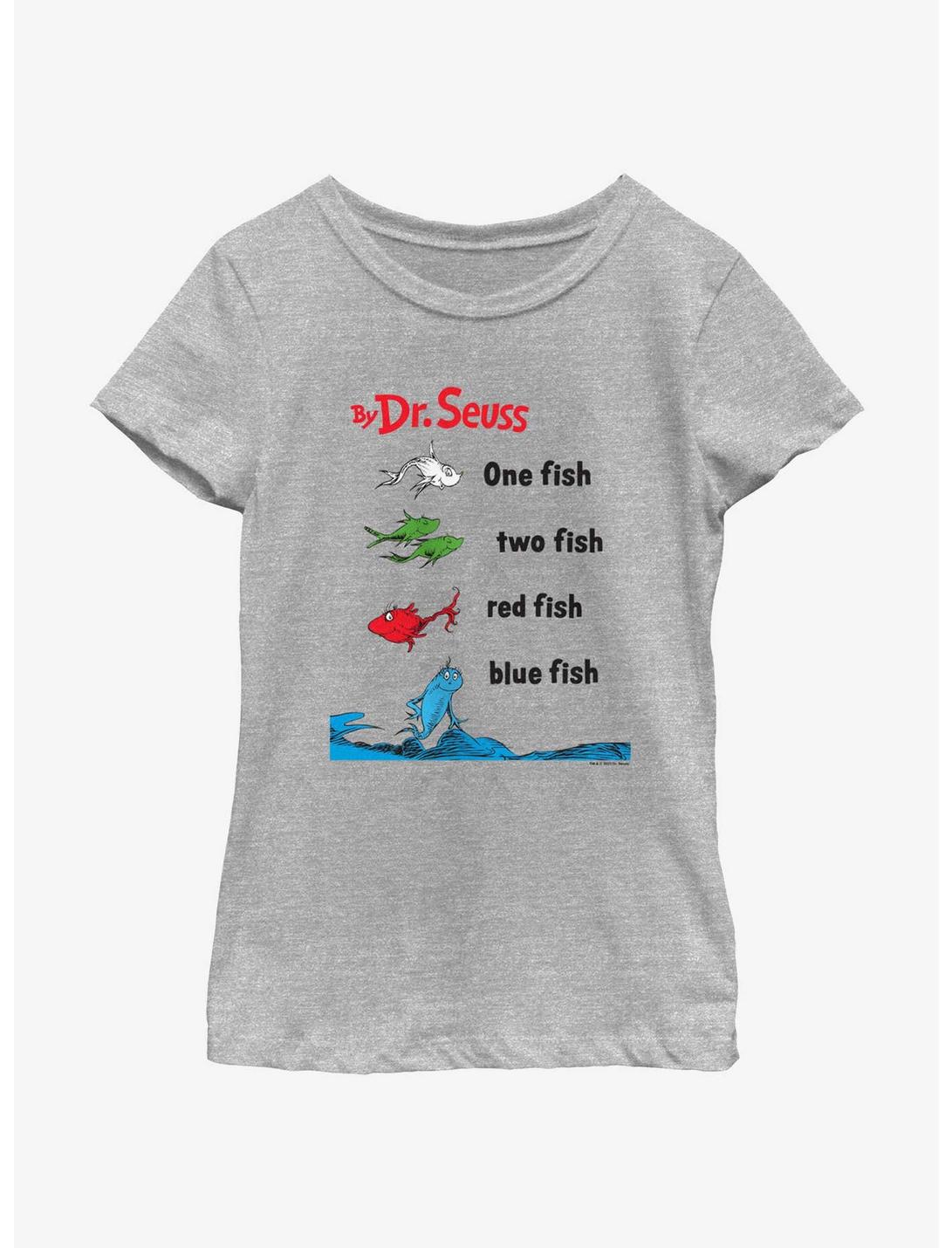 Dr. Seuss One Fish Two Fish Red Fish Blue Fish Badge Youth Girls T-Shirt, ATH HTR, hi-res