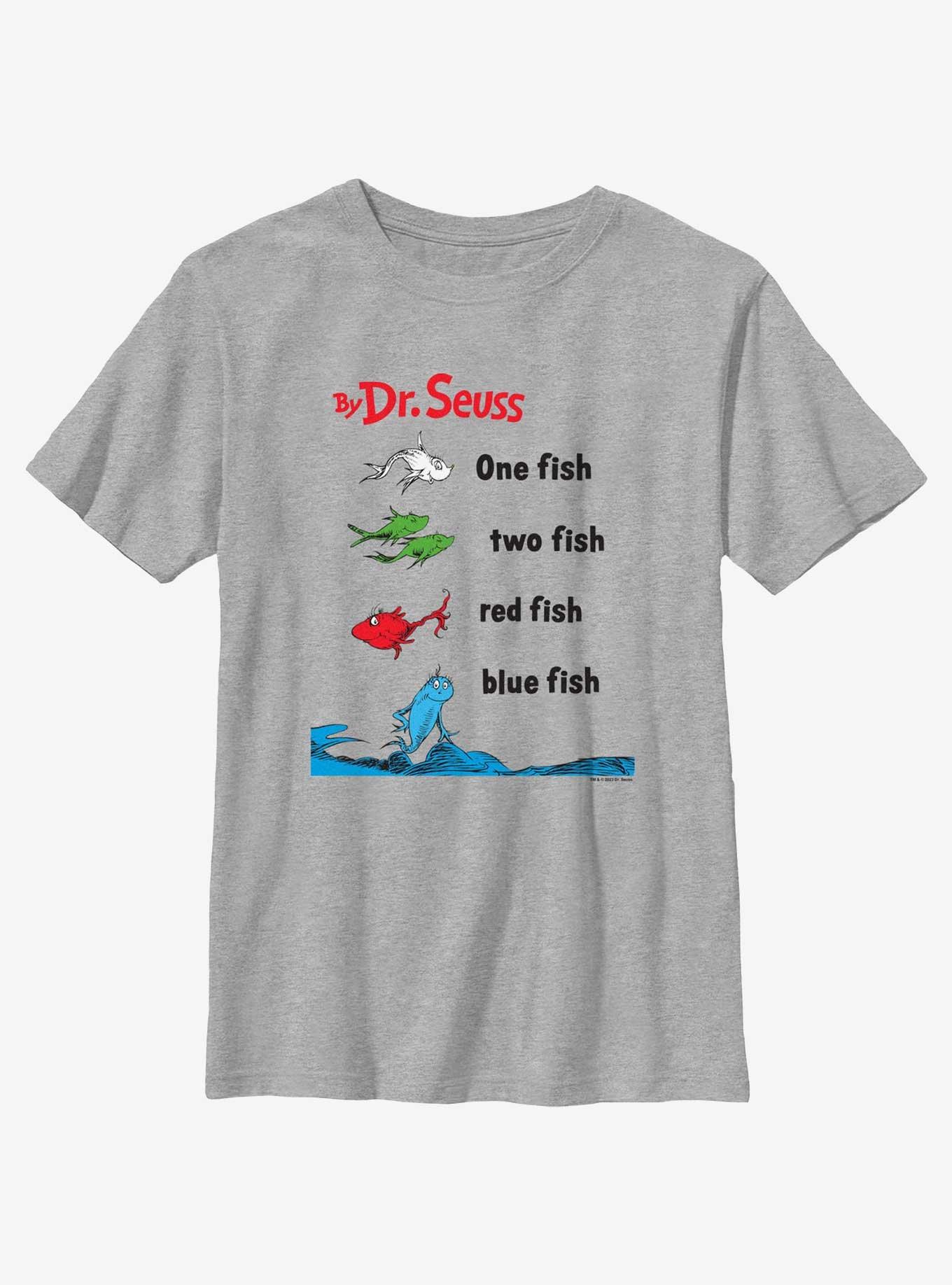 Dr. Seuss One Fish Two Fish Red Fish Blue Fish Badge Youth T-Shirt, ATH HTR, hi-res