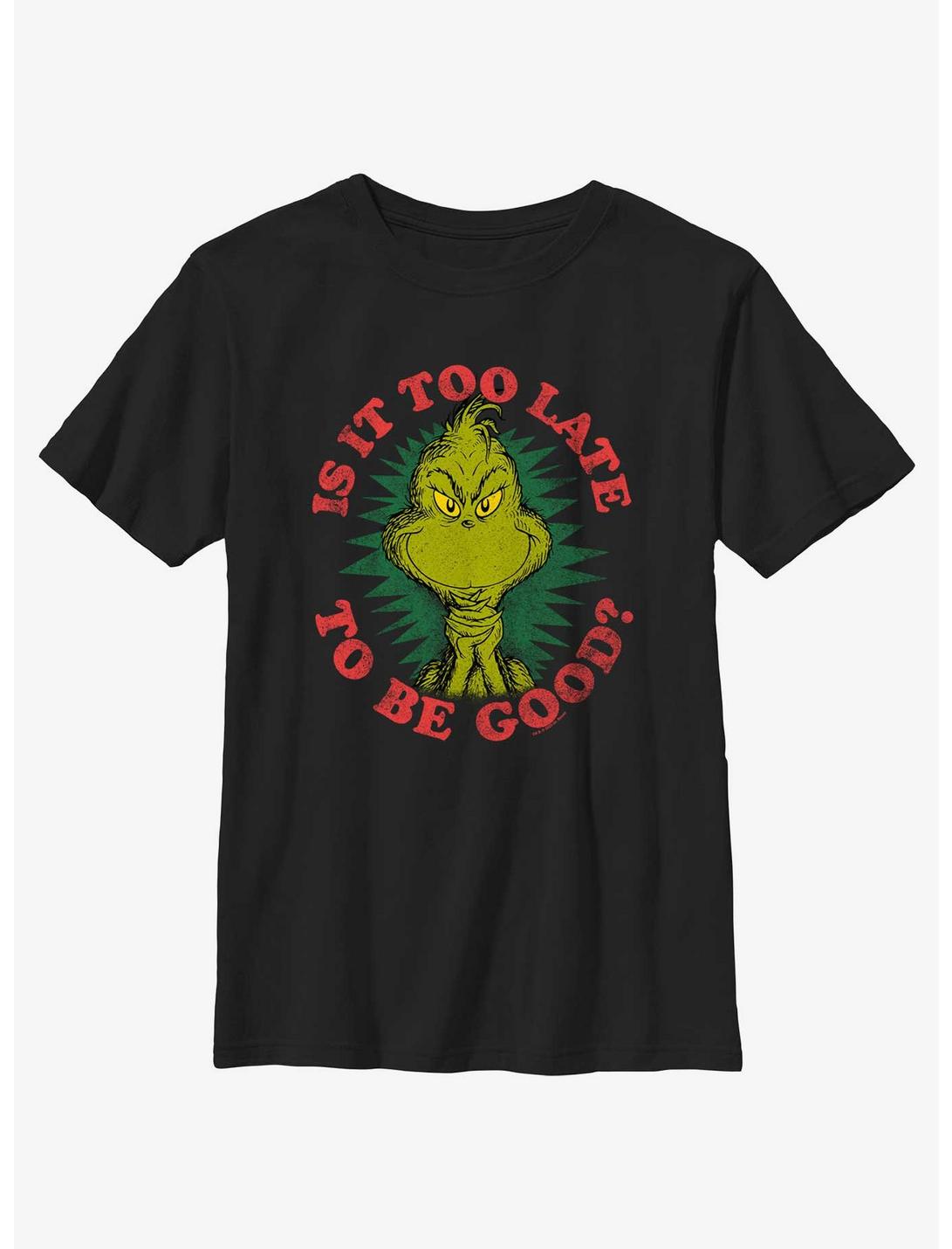 Dr. Seuss Grinch Is It Too Late To Be Good Youth T-Shirt, BLACK, hi-res
