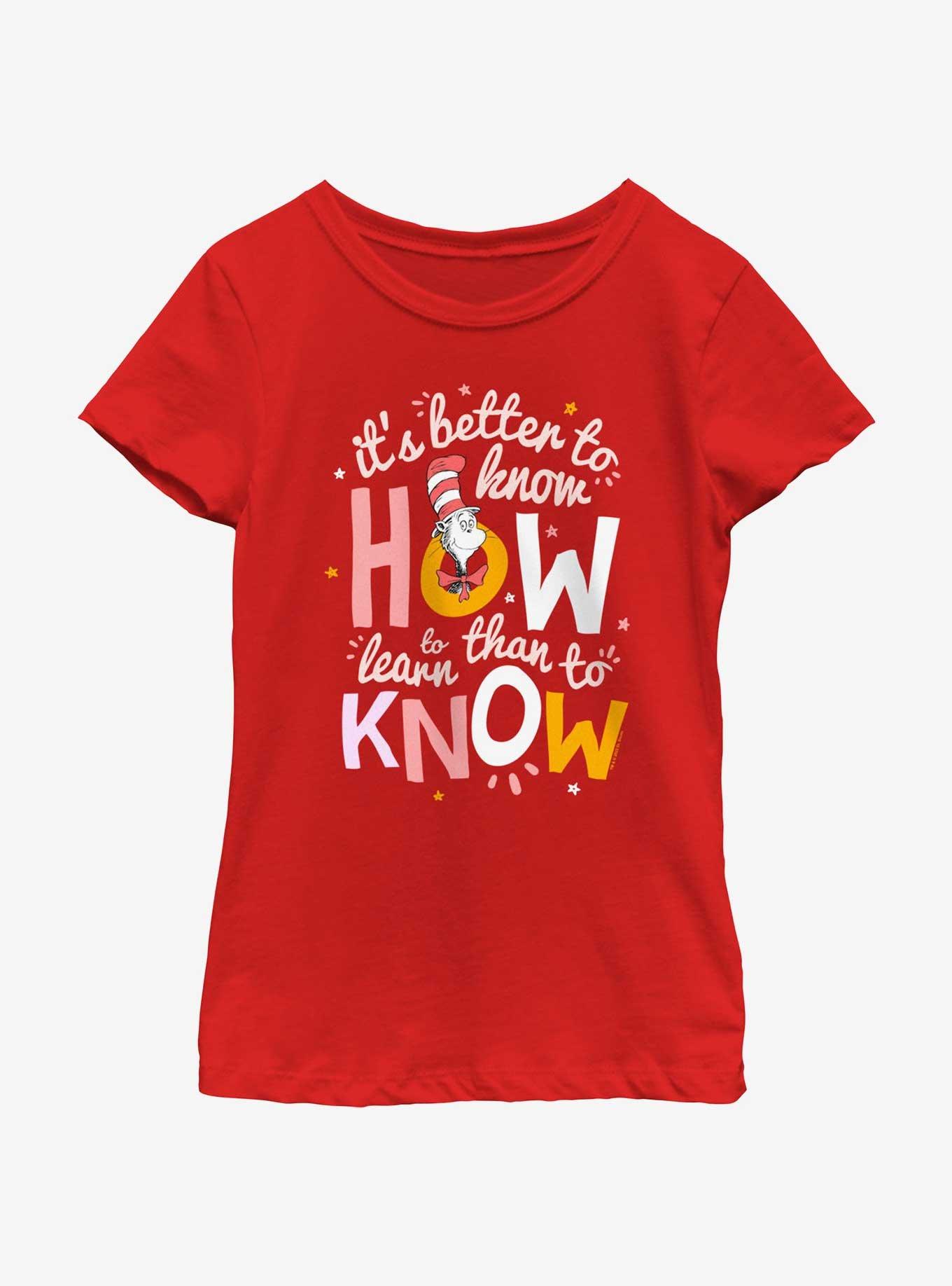 Dr. Seuss Cat In The Cat Know How To Learn Youth Girls T-Shirt, RED, hi-res