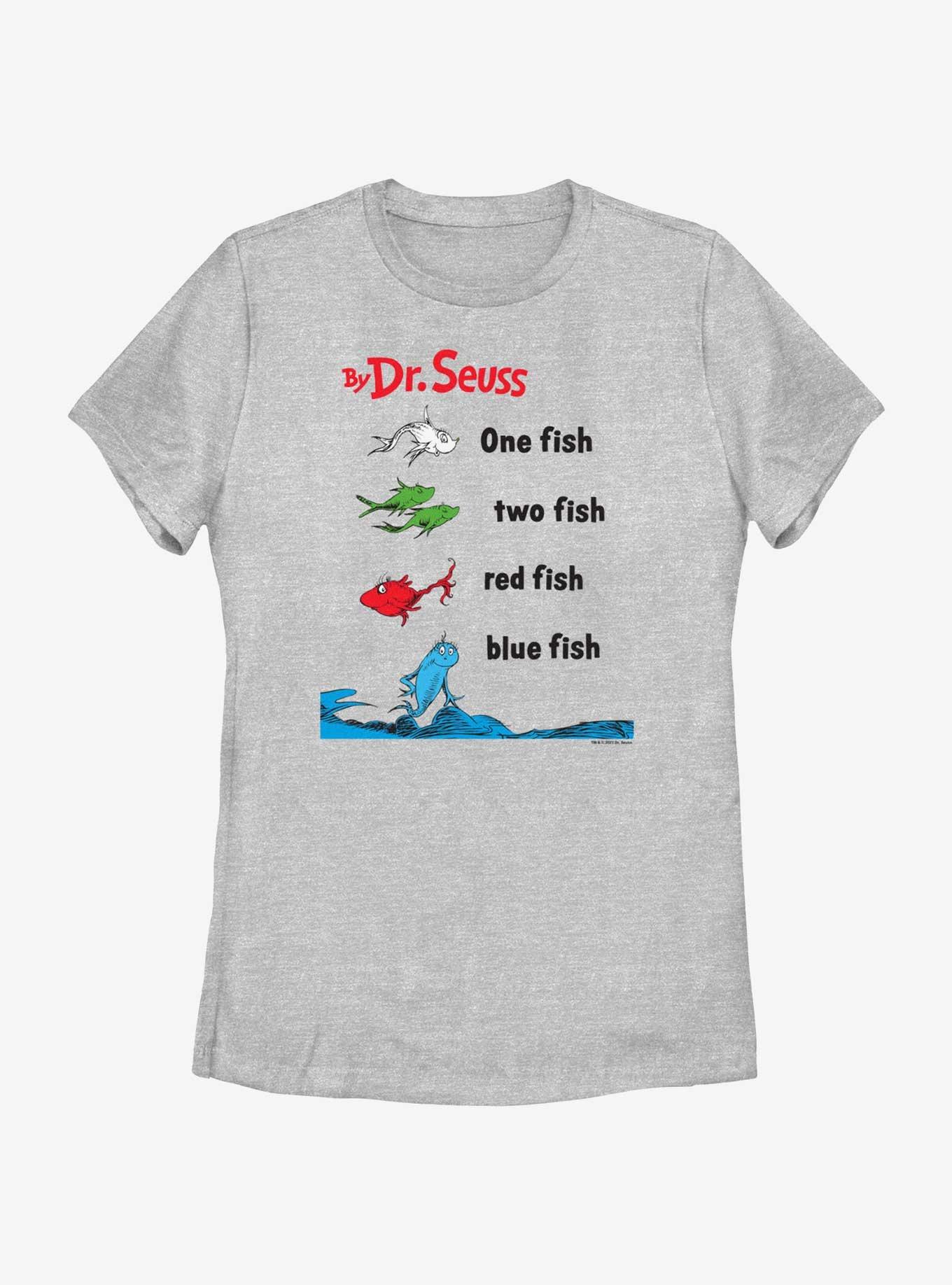 Dr. Seuss One Fish Two Fish Red Fish Blue Fish Badge Womens T-Shirt, ATH HTR, hi-res