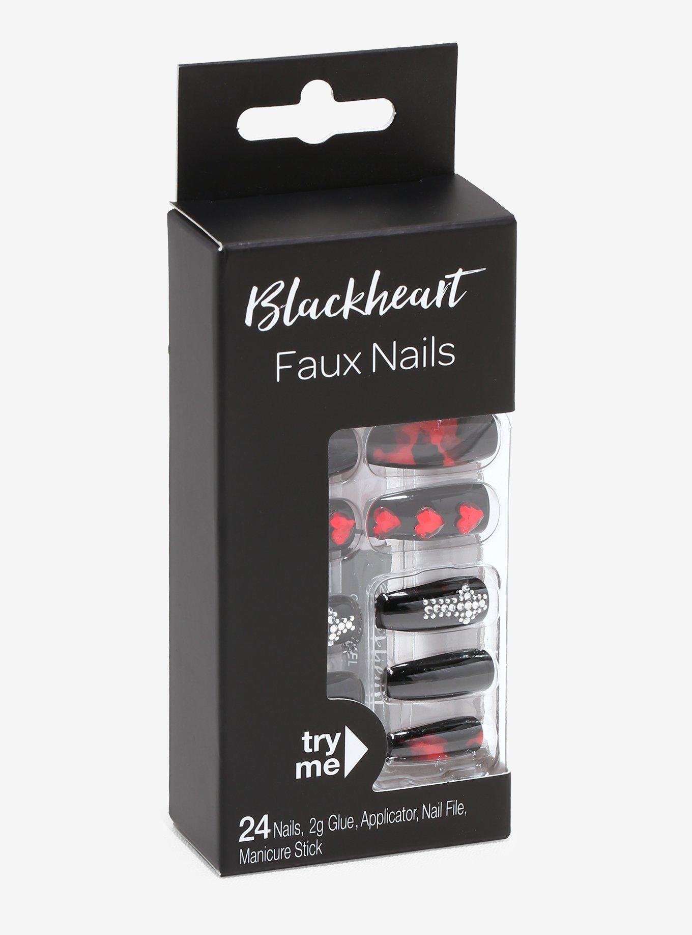 Blackheart Red Heart Cross Gem Faux Nail Set