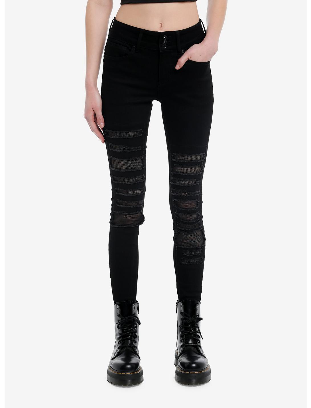 Social Collision® Black Destructed Fishnet Super Skinny Jeans, BLACK, hi-res