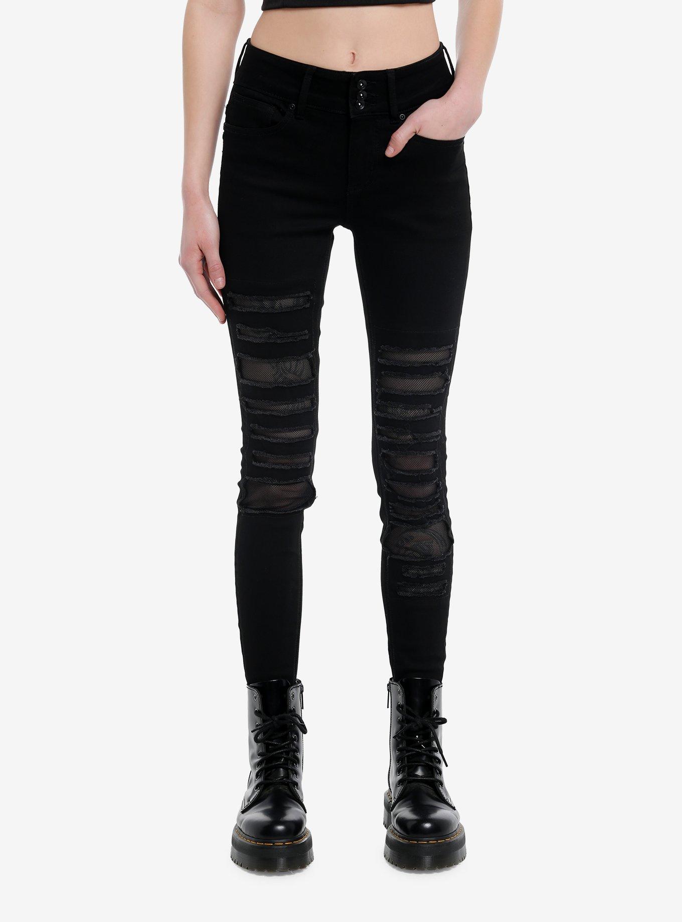 Black Destructed Fishnet Super Skinny Jeans, , hi-res