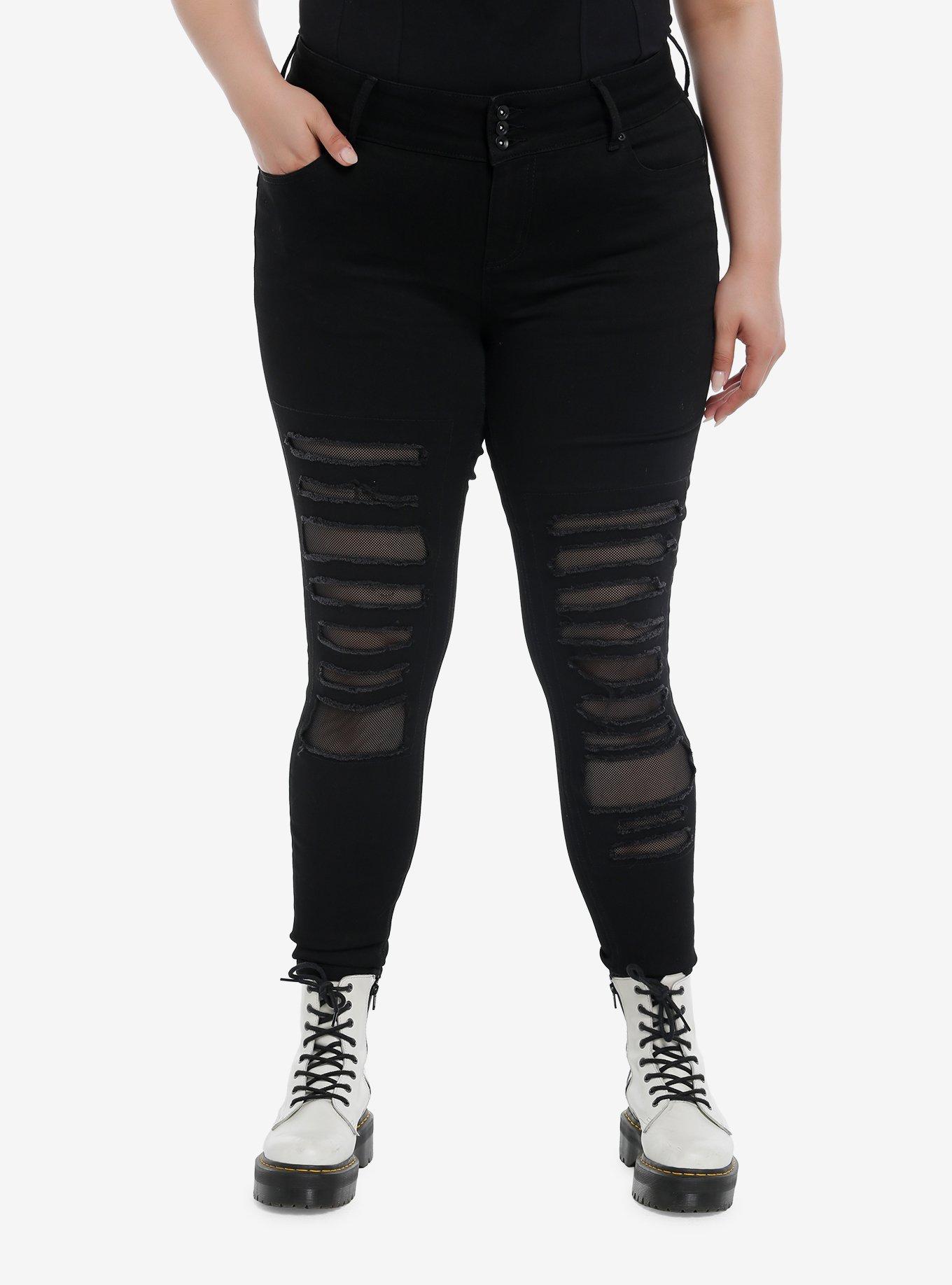 Black Ripped Ripped Jeans With Fishnet Underneath Black Destructed