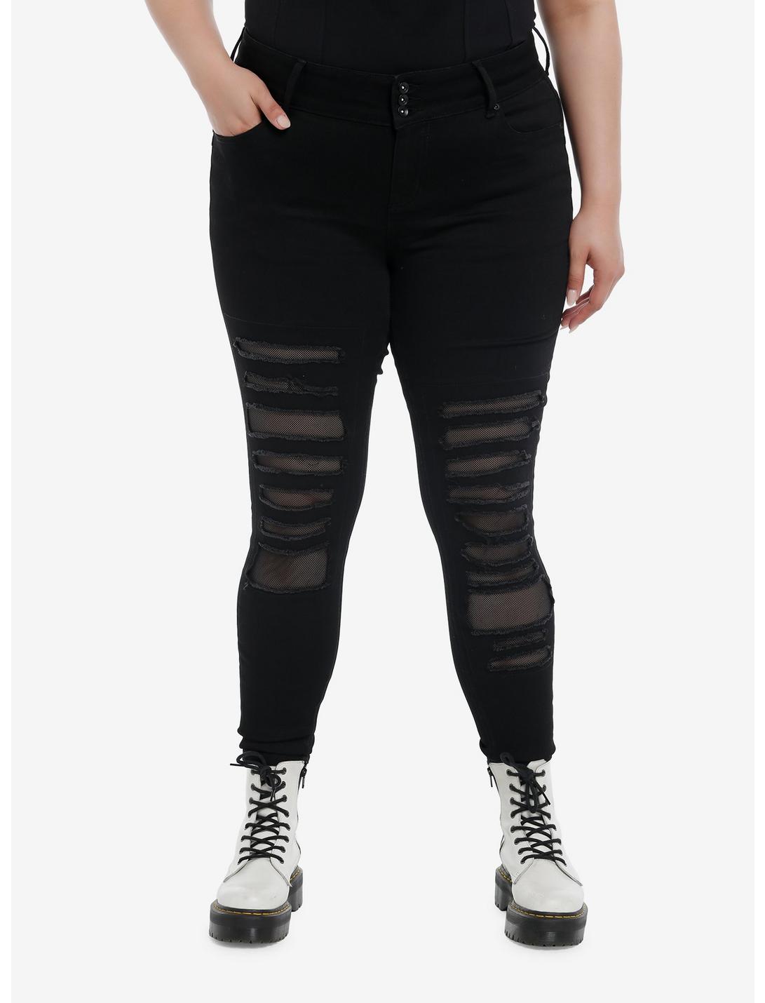 Social Collision® Black Destructed Fishnet Super Skinny Jeans Plus Size, BLACK, hi-res