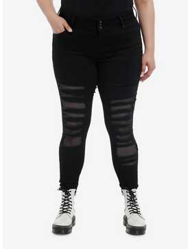 Social Collision® Black Destructed Fishnet Super Skinny Jeans Plus Size, , hi-res