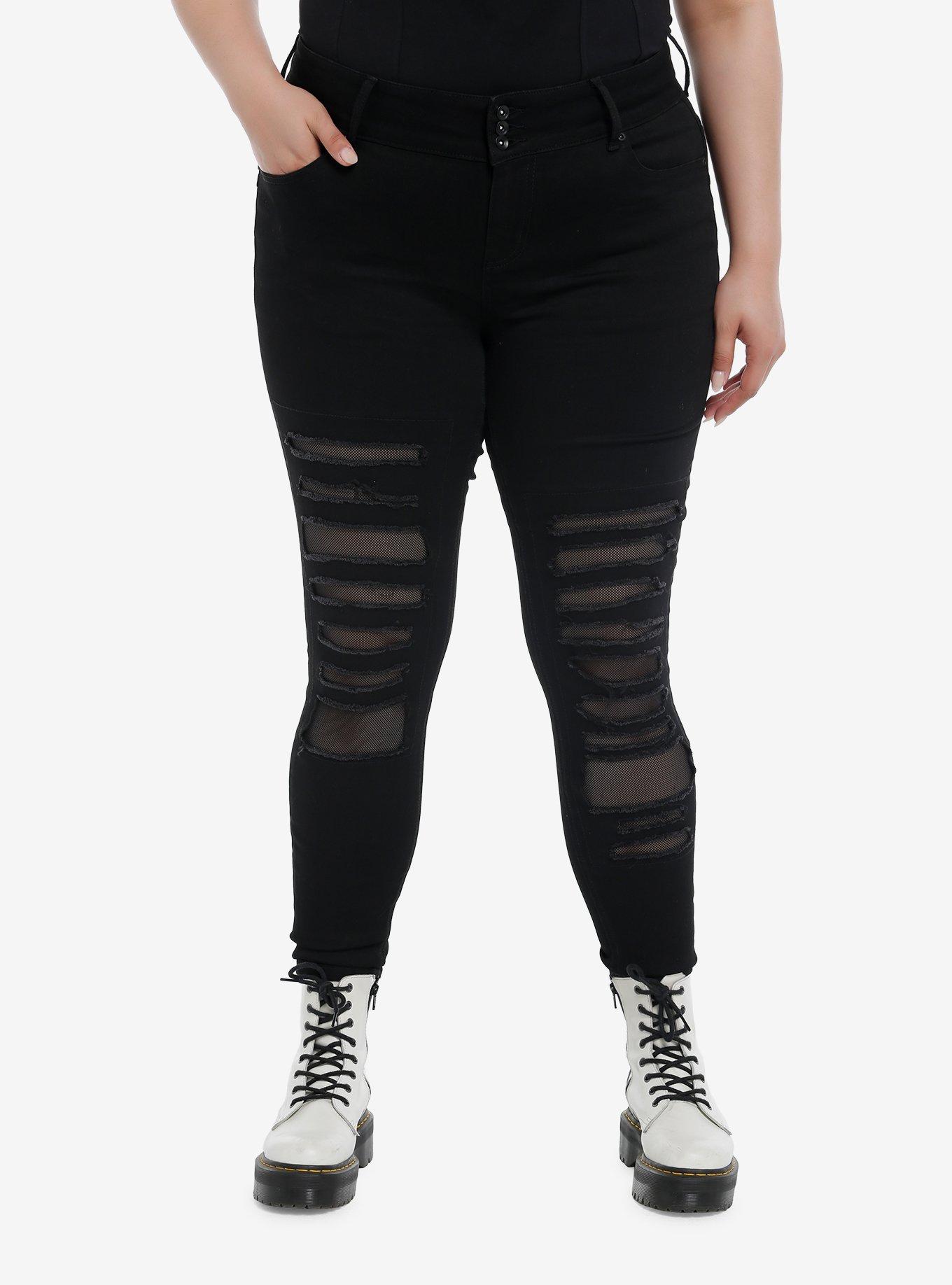 Social Collision® Black Destructed Fishnet Super Skinny Jeans Plus Size, BLACK, hi-res