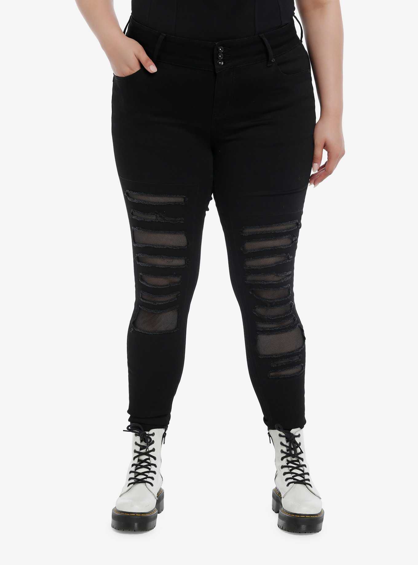 Social Collision® Black Destructed Fishnet Super Skinny Jeans Plus Size, , hi-res