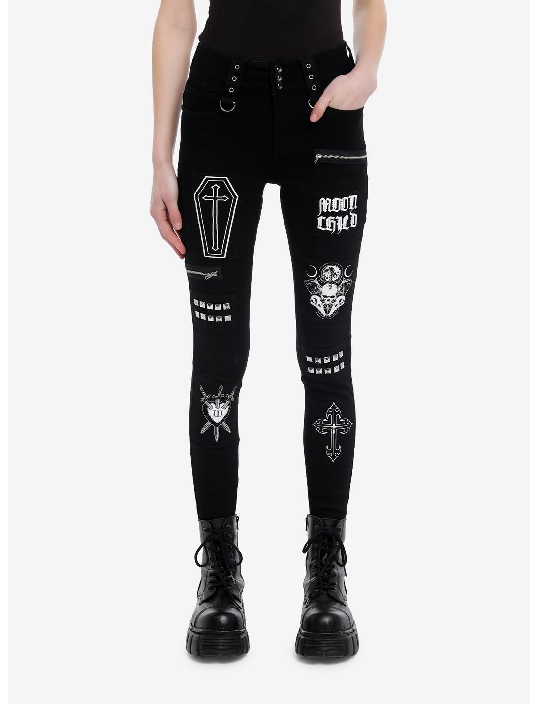 Cosmic Aura Witchy Patches Super Skinny Jeans, BLACK, hi-res