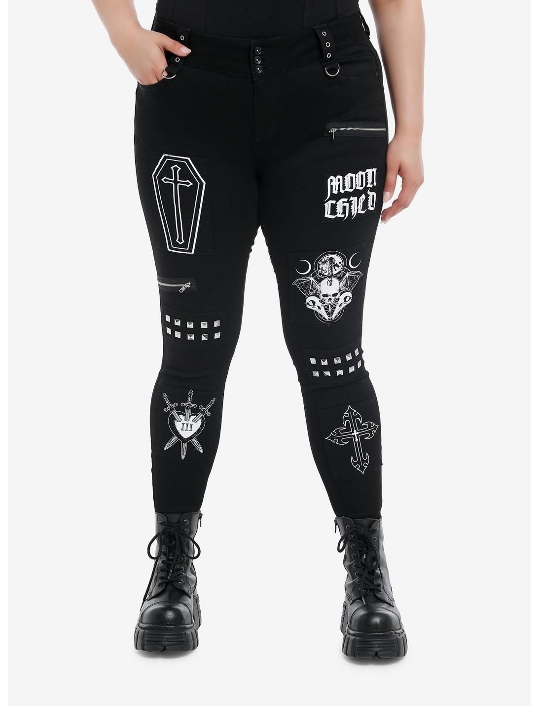 Cosmic Aura Witchy Patches Super Skinny Jeans Plus Size, BLACK, hi-res