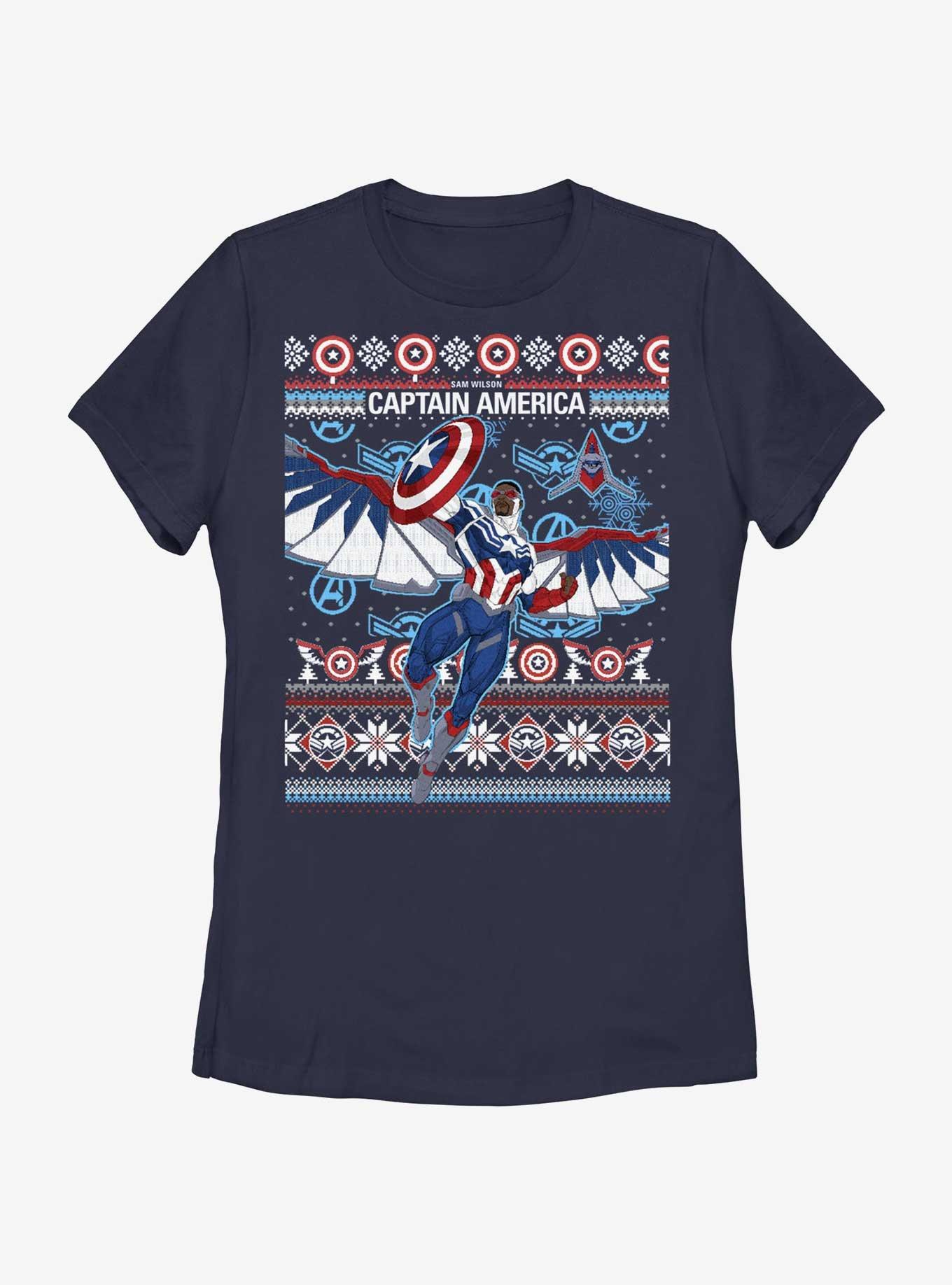 Marvel Captain America Sam Wilson Ugly Holiday Womens T-Shirt, NAVY, hi-res