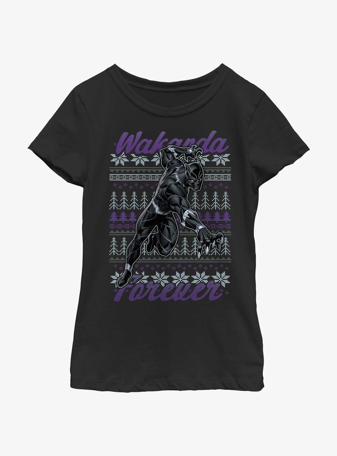 Marvel Black Panther Ugly Holiday Youth Girls T-Shirt, BLACK, hi-res