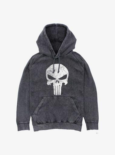 Marvel Punisher Distress Skull Mineral Wash Hoodie BLACK BoxLunch
