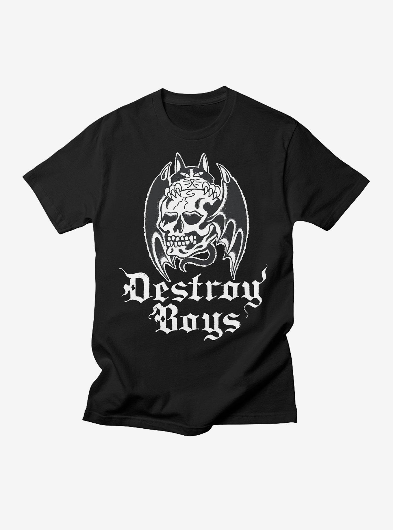 Destroy Boys Skull Cat Bat T-Shirt, BLACK, hi-res