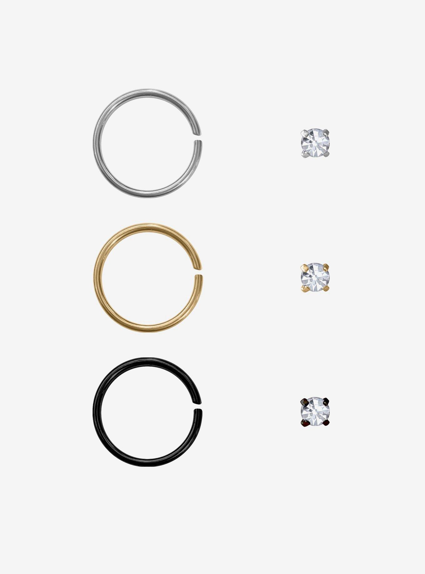 Steel Mixed CZ Nose Stud & Hoop 6 Pack, , hi-res