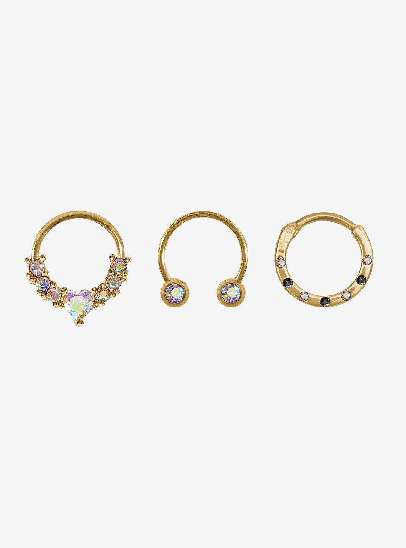 Steel Gold Heart Septum Clicker & Barbell 3 Pack, MULTI, hi-res