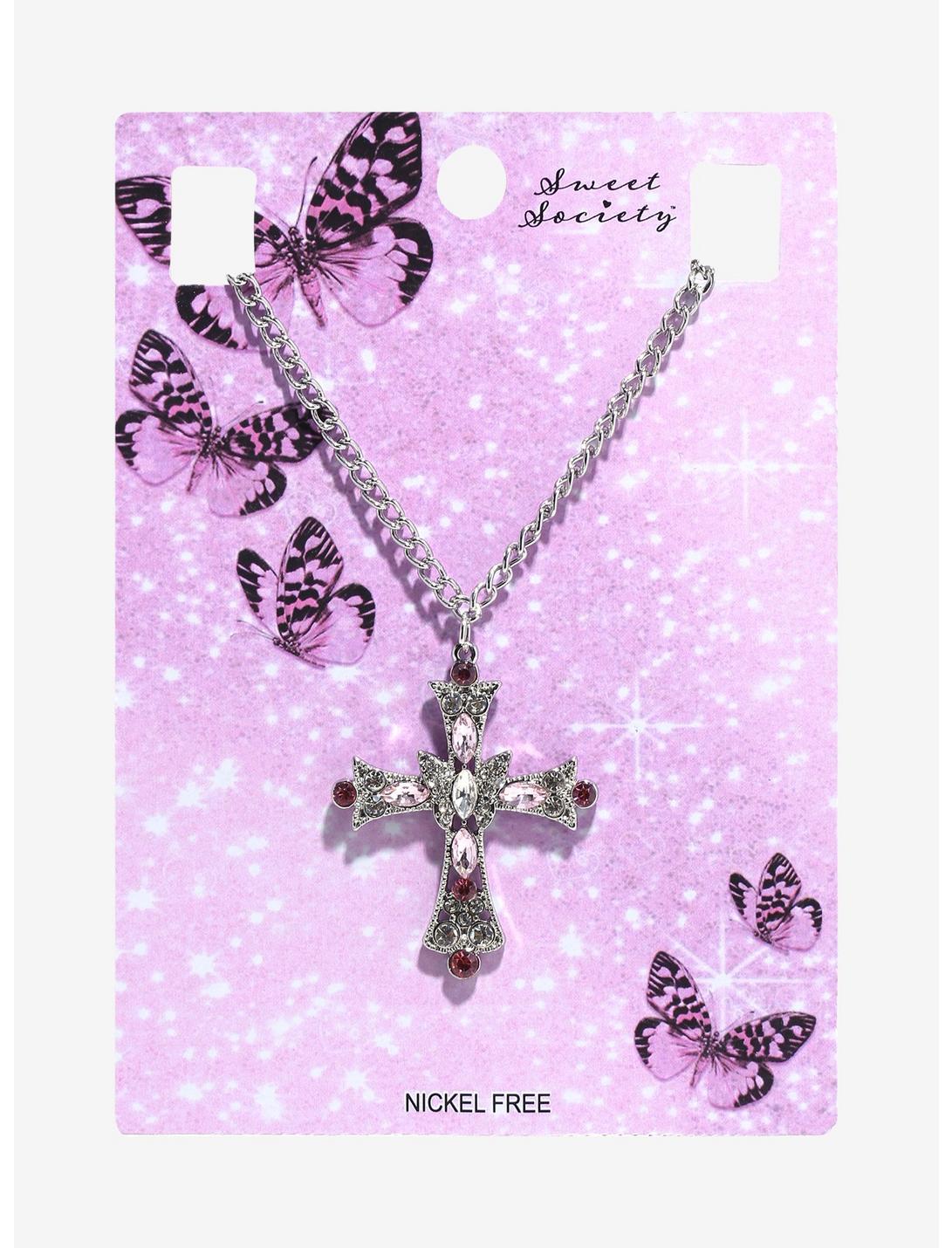 Sweet Society Pink Gem Cross Necklace, , hi-res