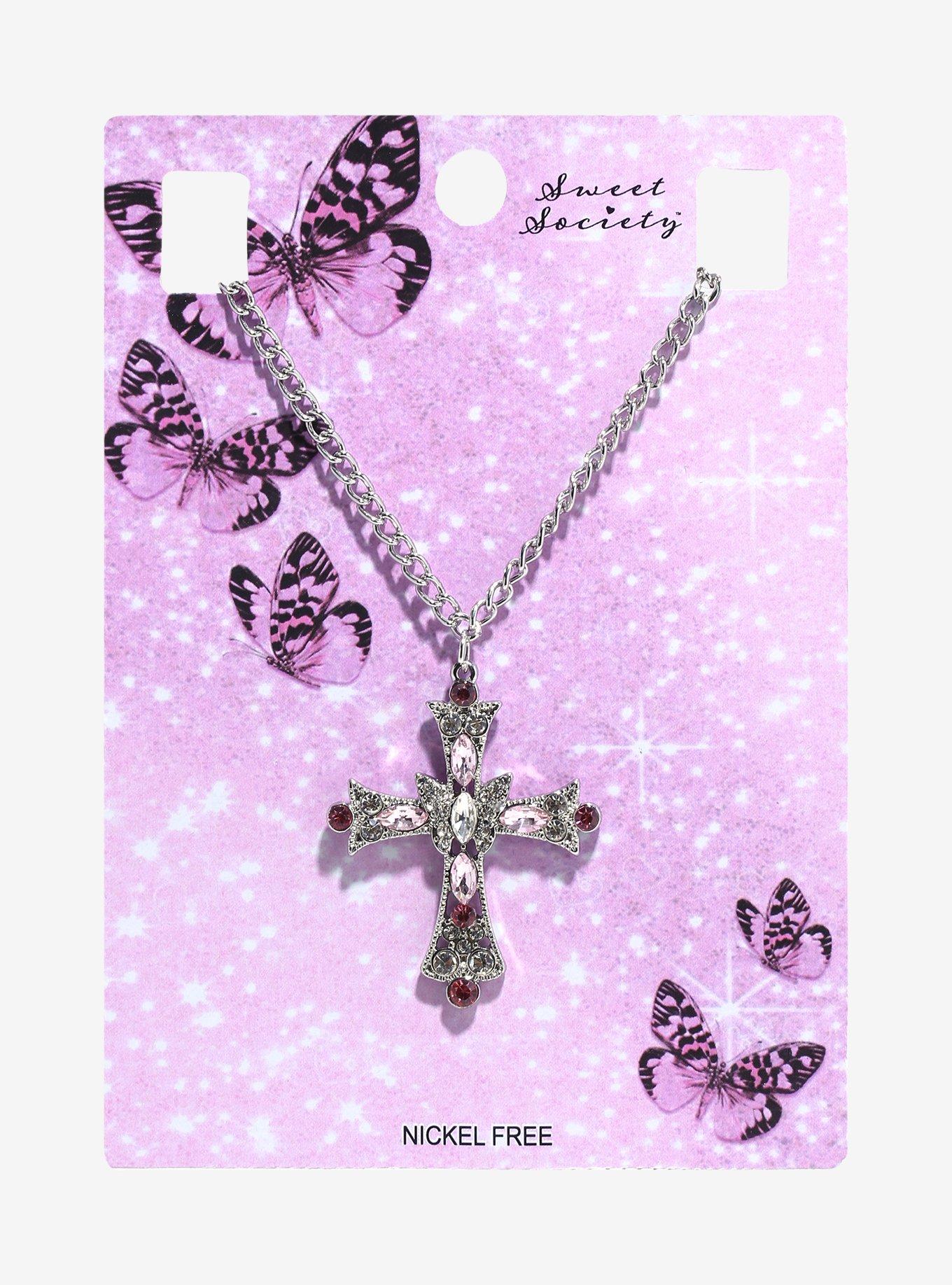 Sweet Society Pink Gem Cross Necklace, , hi-res