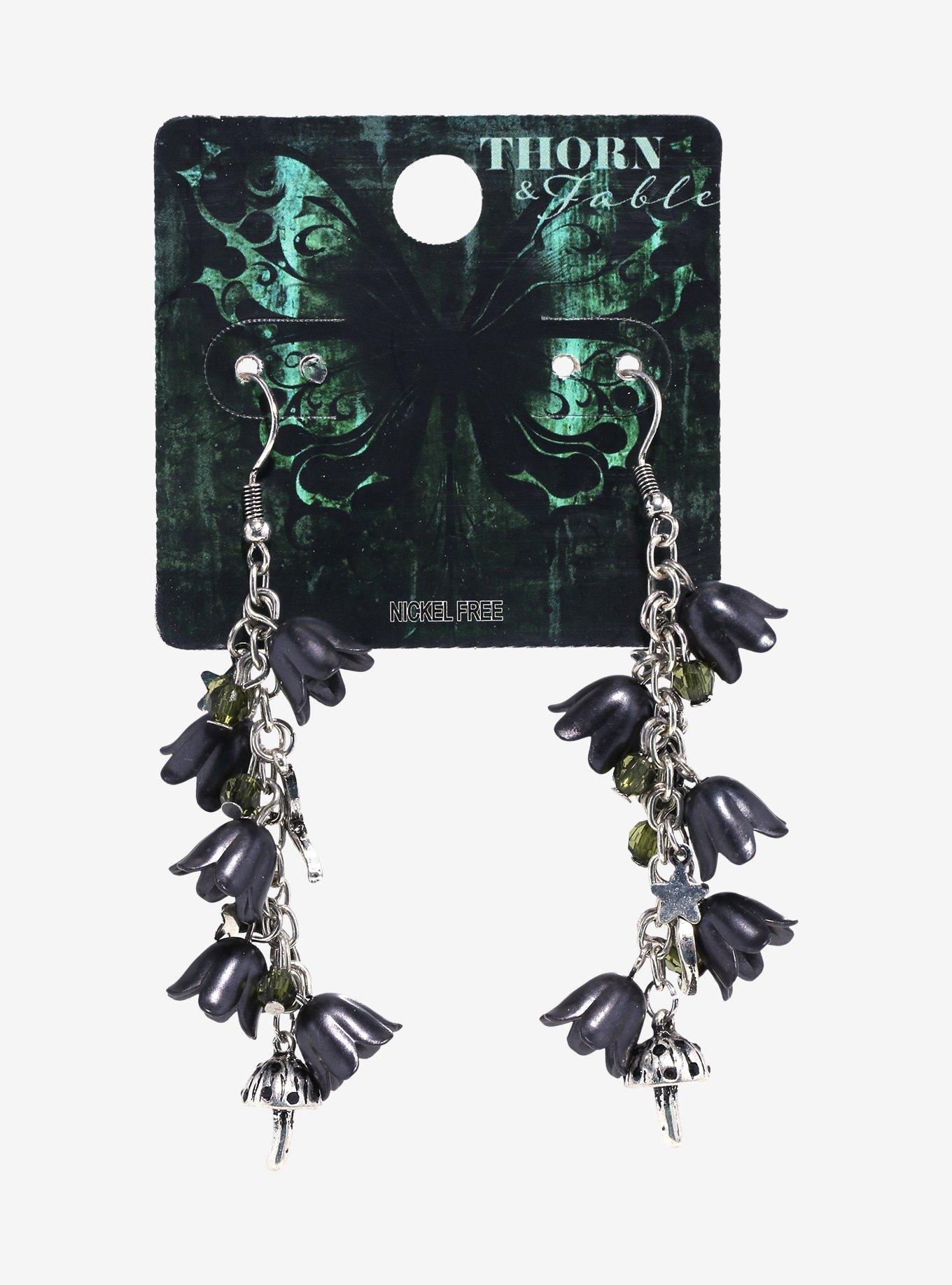 Thorn & Fable Black Flower Mushroom Drop Earrings | Hot Topic