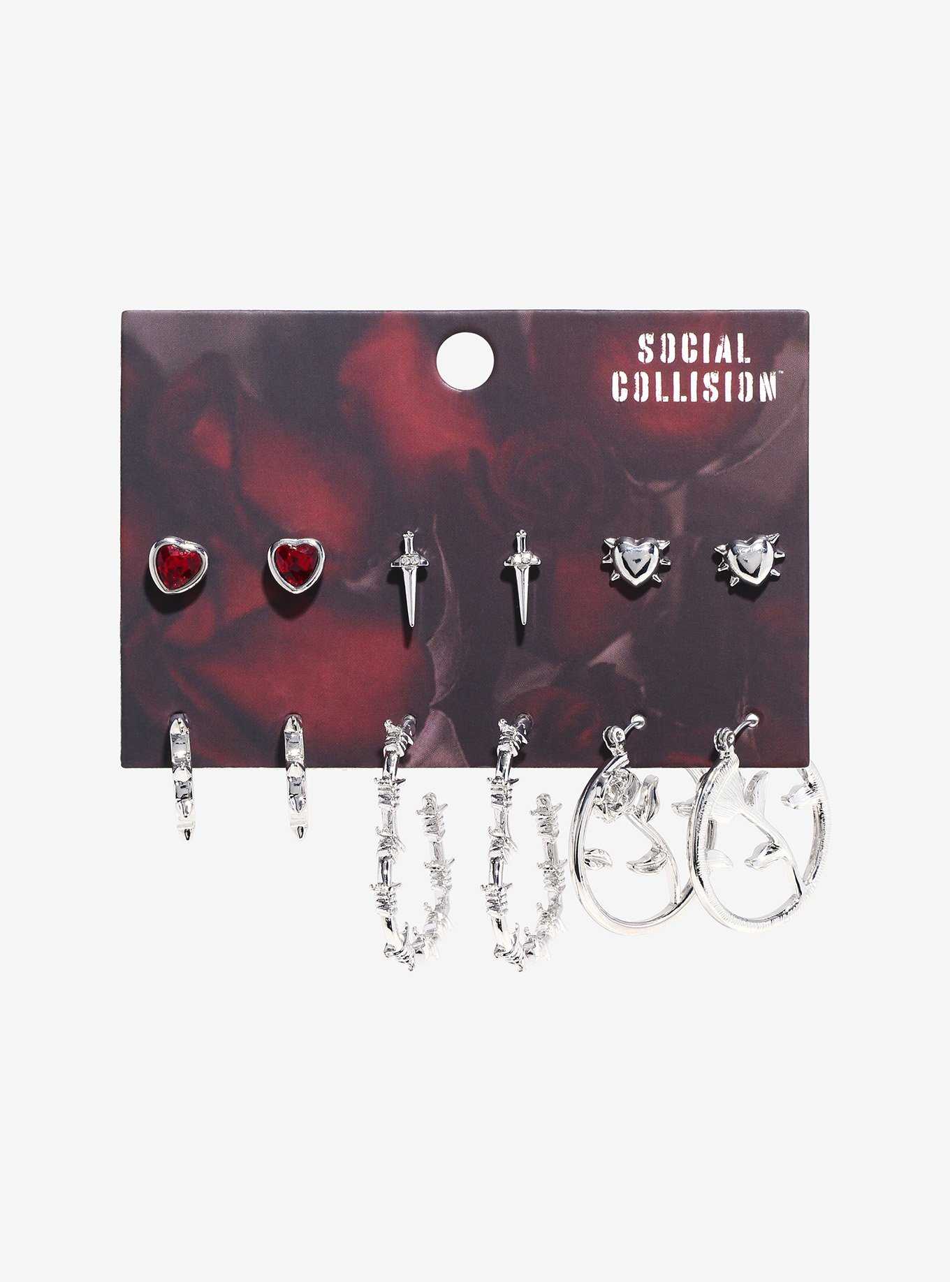 Social Collision® Barbed Wire Heart Rose Earring Set, , hi-res