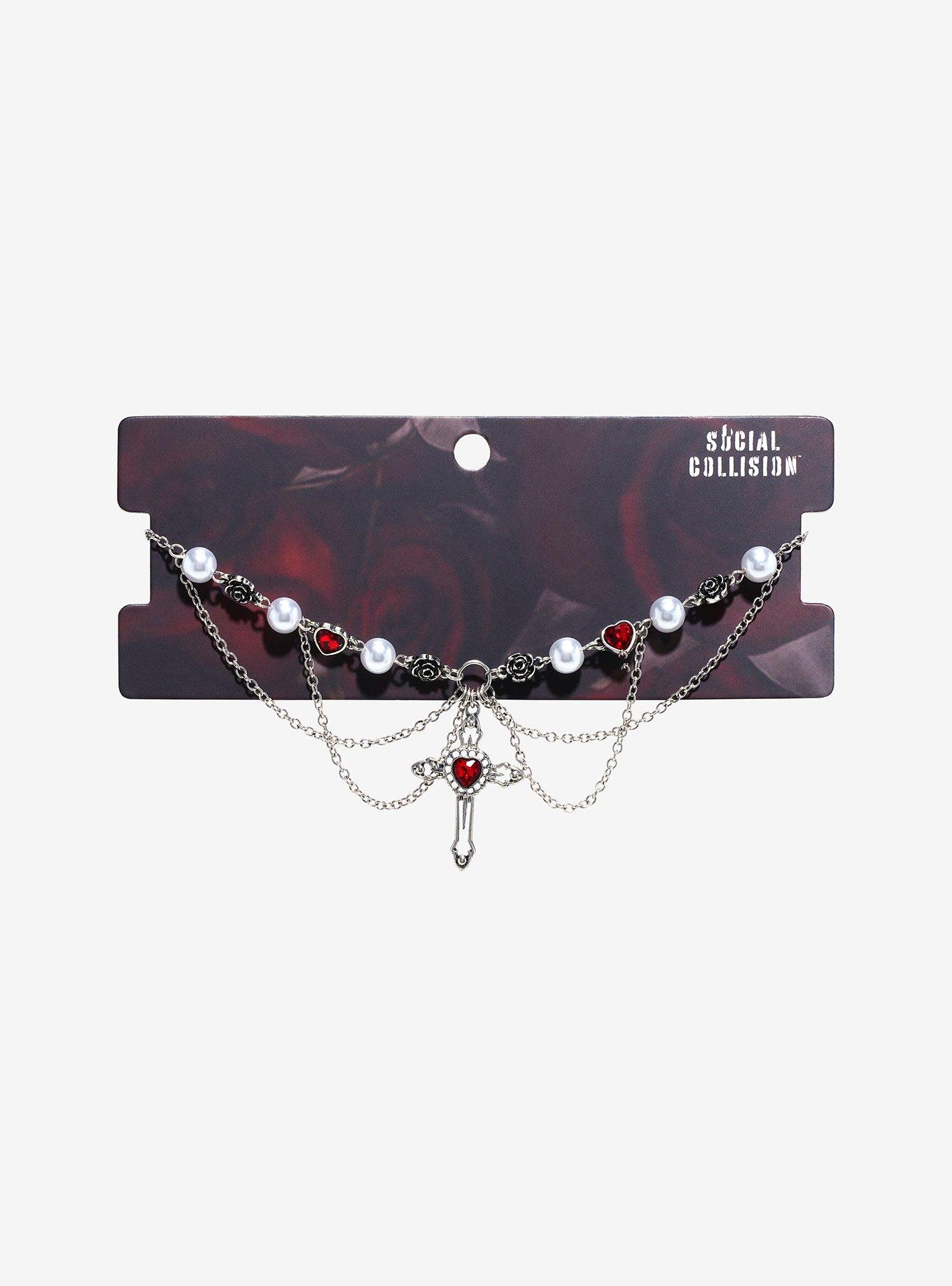 Social Collision® Red Heart Gothic Cross Chain Choker, , hi-res