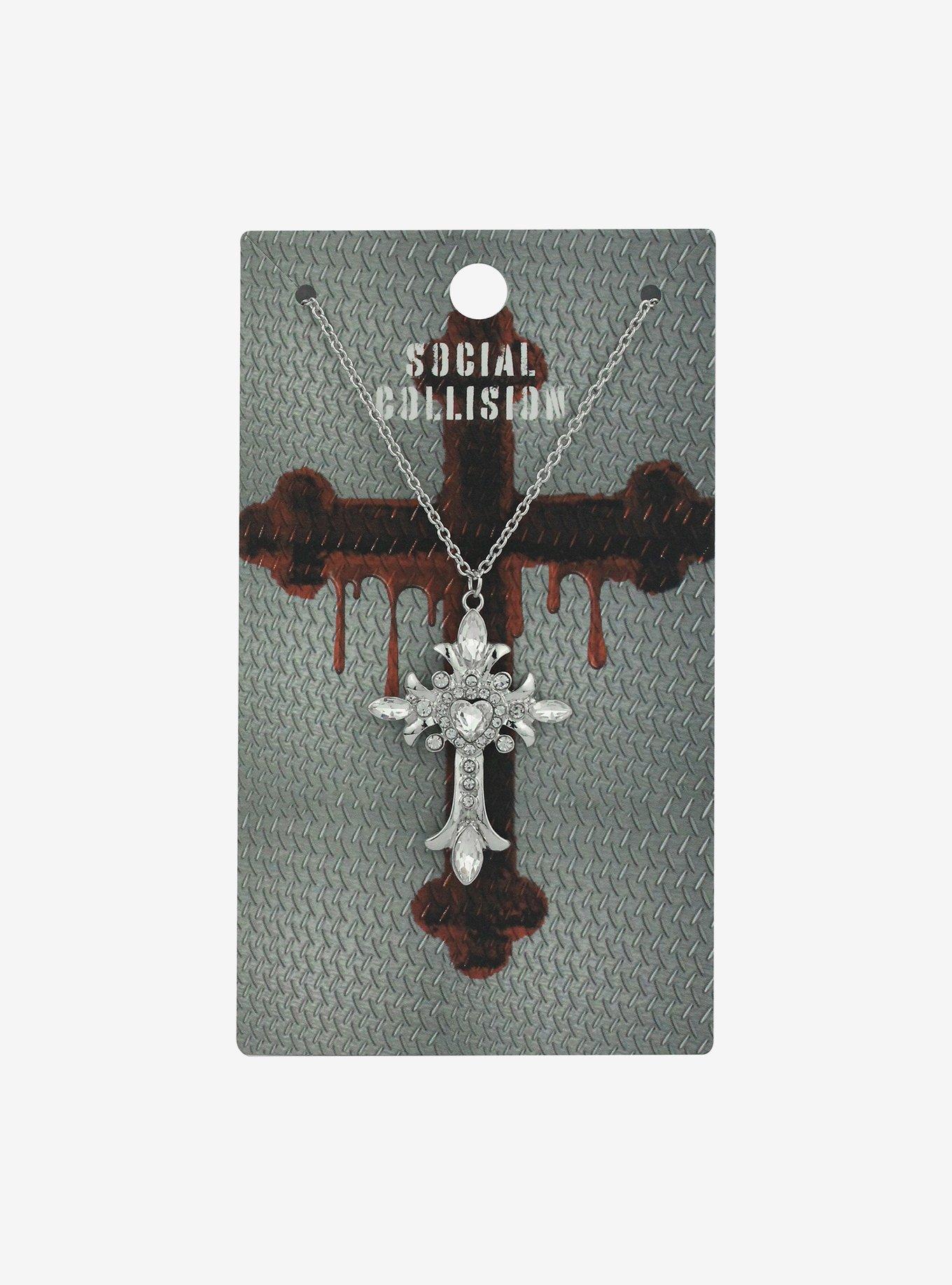 Social Collision® Heart Rhinestone Gothic Cross Necklace, , hi-res