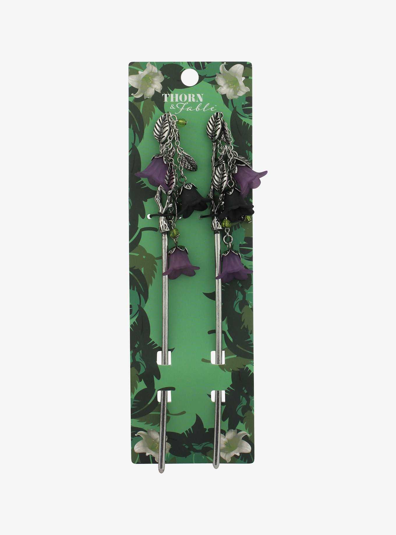 Thorn & Fable Purple & Black Flower Hair Stick Set, , hi-res