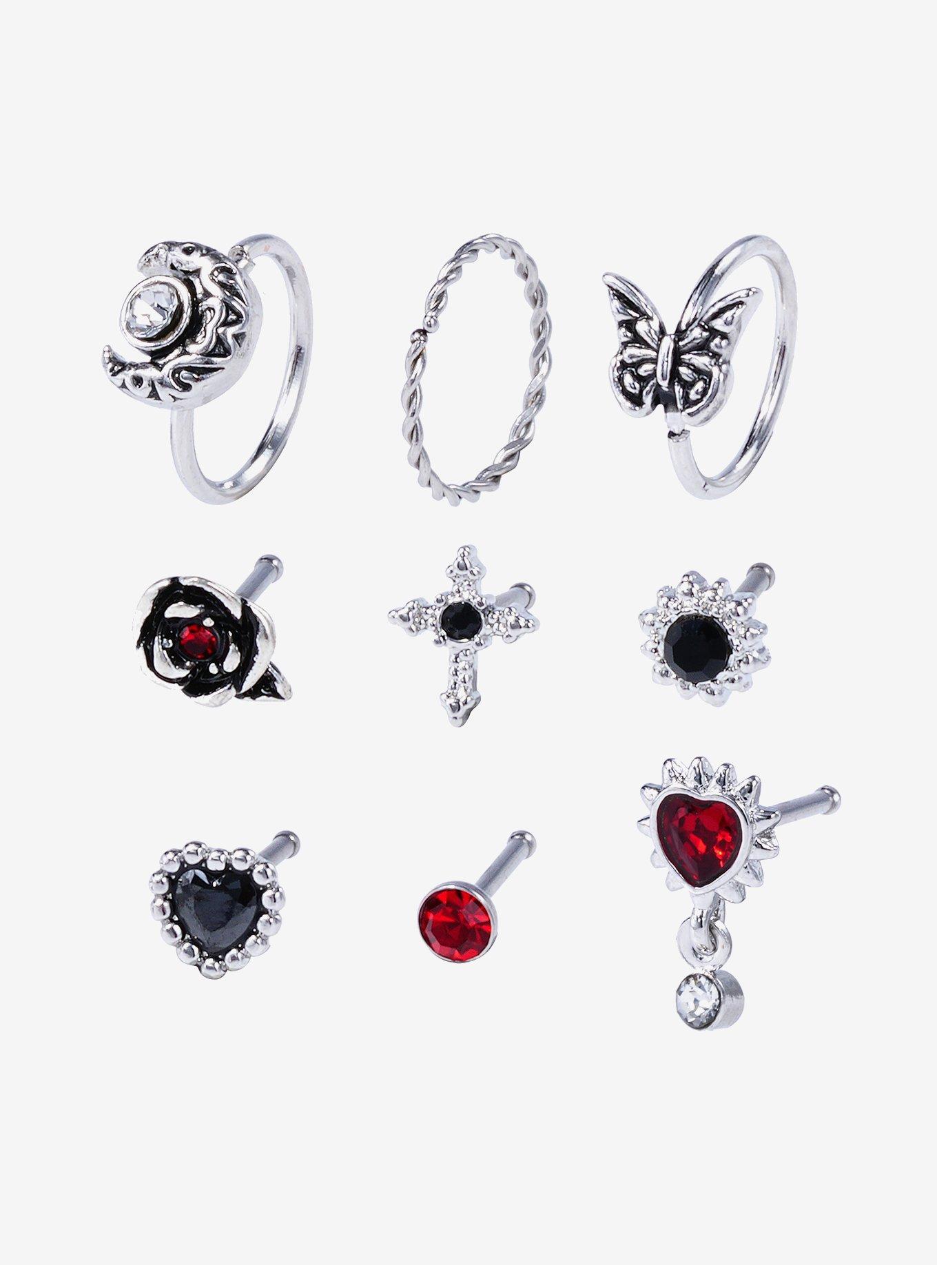 Steel Goth Cross Heart Nose Stud & Hoop 9 Pack, MULTI, hi-res